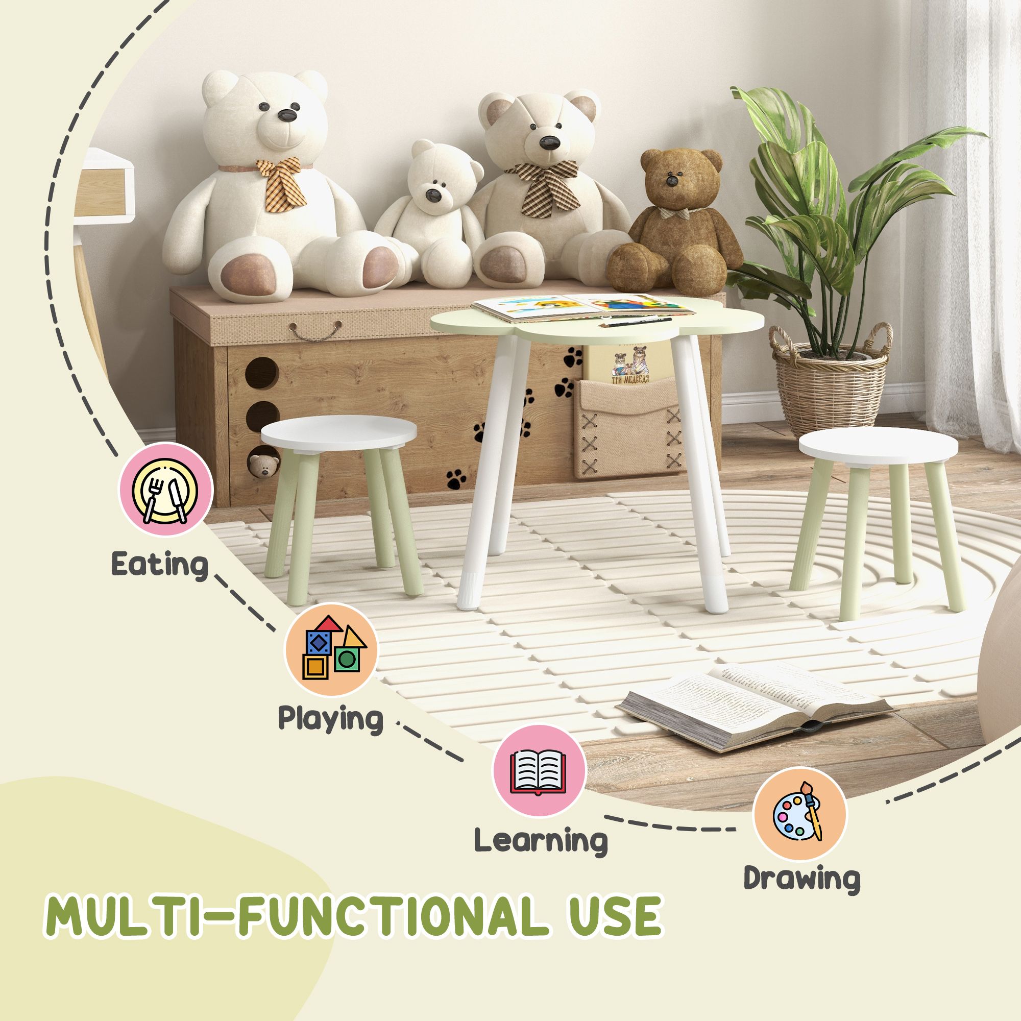 Zonekiz 3 Piece Kids Table And Chair Sets, Flower Design Children Furniture Set For Bedroom, Nursery, Playroom, Yellow