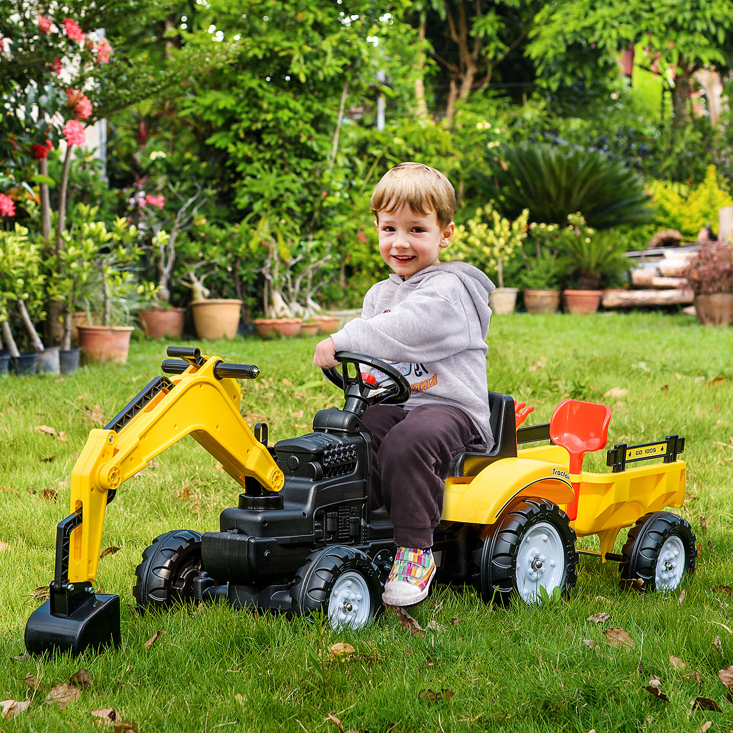 Homcom Ride-on Toy Pedal Digger Construction Car With Horn & Detachable Trailer, Yellow