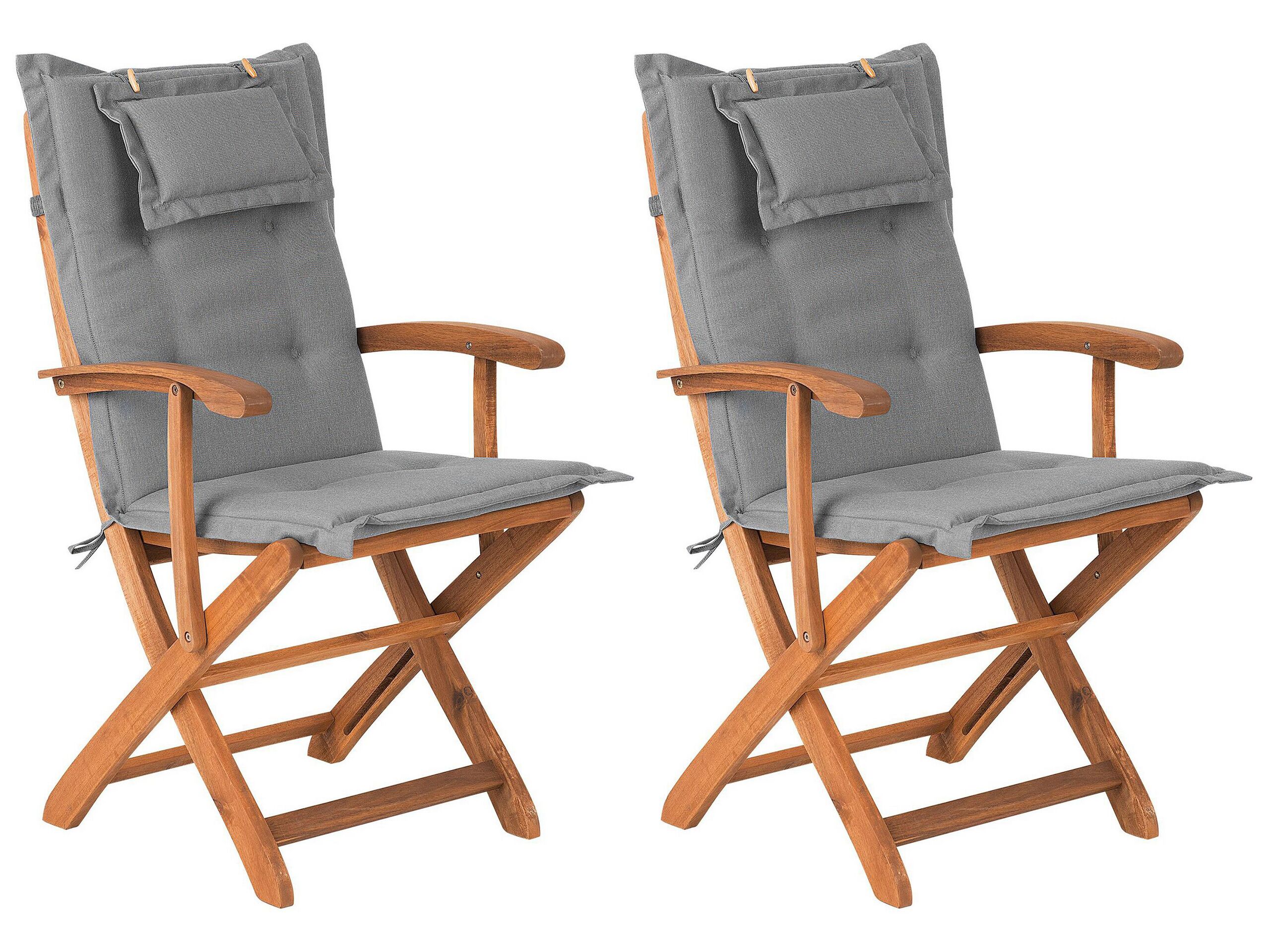 Set Of 2 Garden Dining Chairs Light Wood With Grey Cushion Acacia Wood Frame Folding Rustic Design Beliani