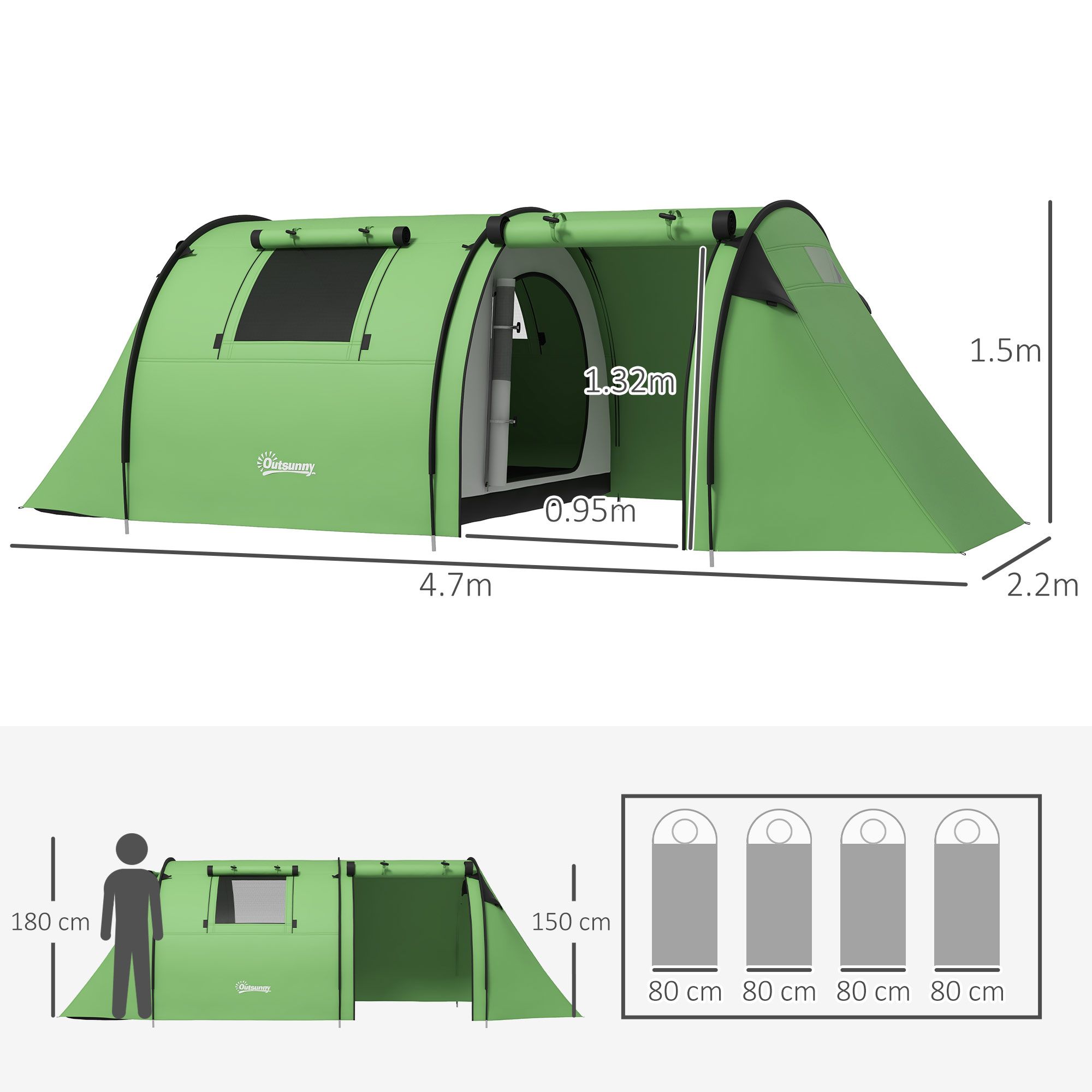 Outsunny 3000mm Waterproof Camping Tent, 3-4 Man Family Tent With Bedroom And Living Room, Portable With Bag, Dark Green