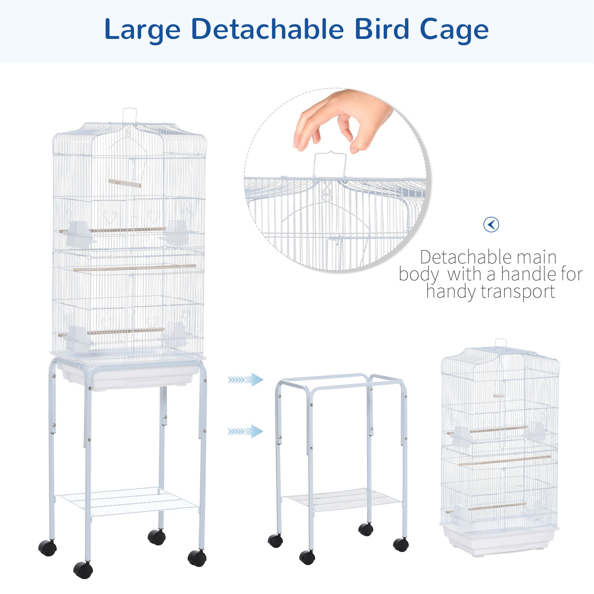 Pawhut Metal Bird Parrot Cage W/ Breeding Stand Feeding Tray Wheels Parakeet Pet Supply White 47.5l X 37w X 153h (cm)