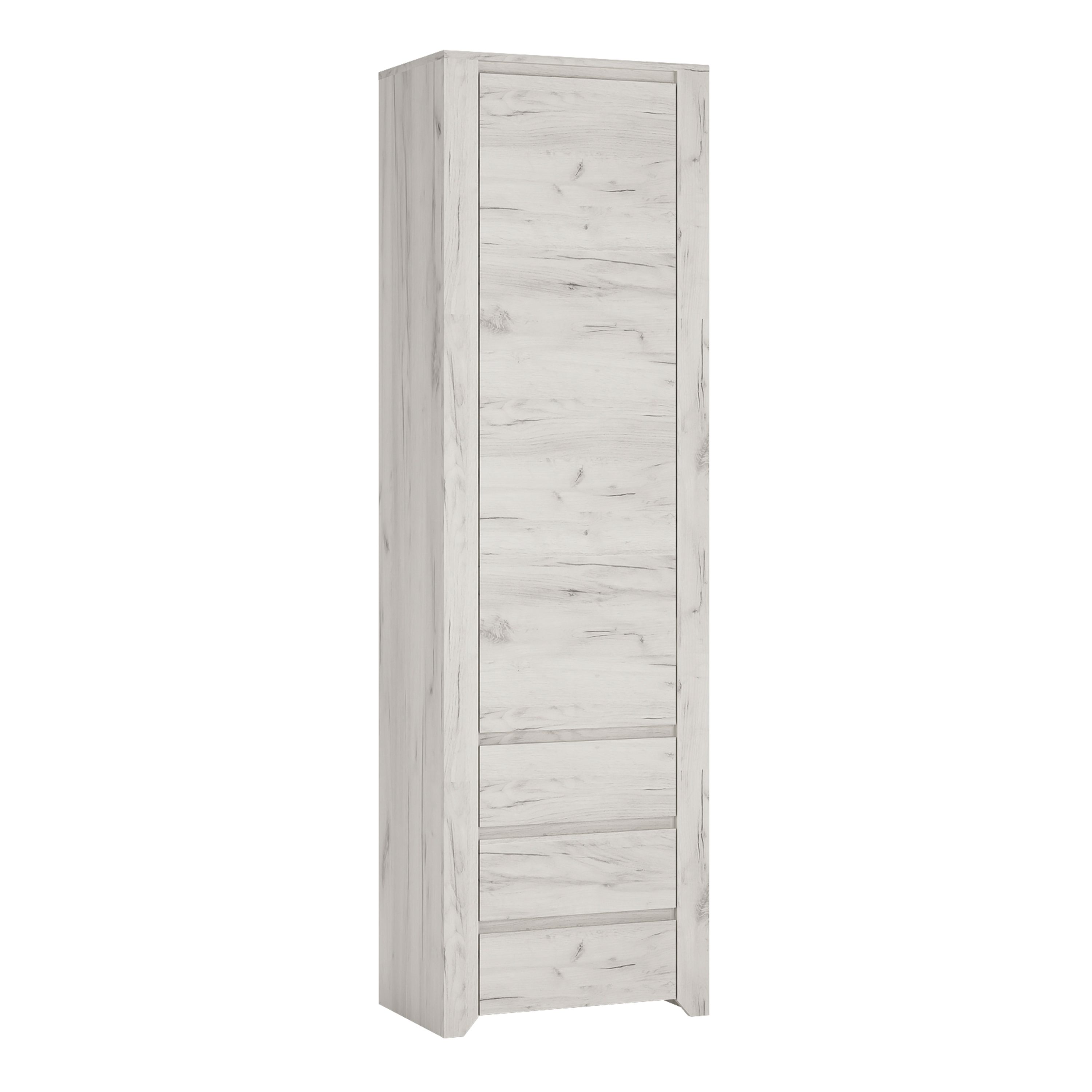 Angel Tall Narrow One Door 3 Drawer Narrow Cupboard In White Craft Oak