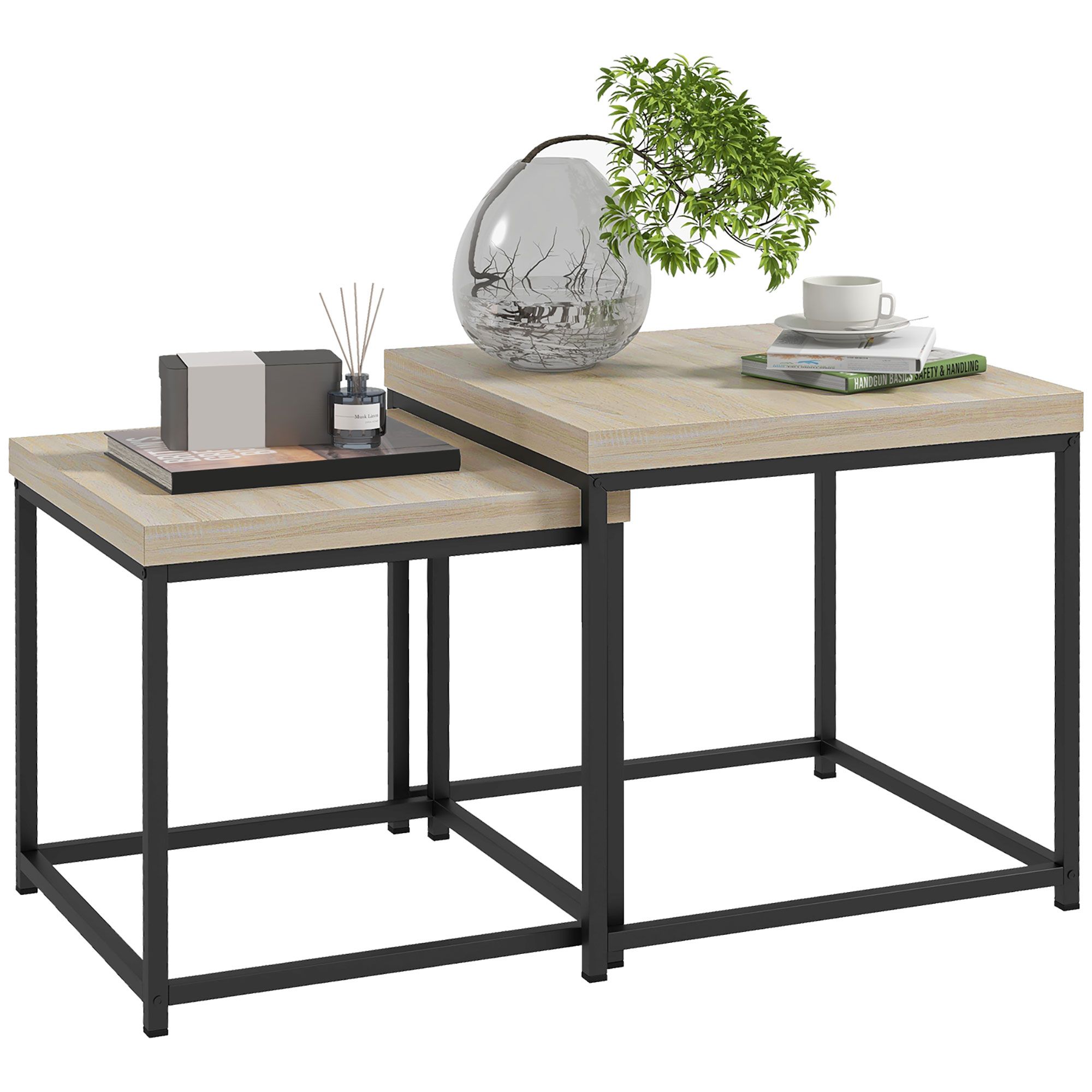 Homcom Coffee Table Set Of 2, Nest Of Tables With 3.5Cm Thick Tabletop, Oak