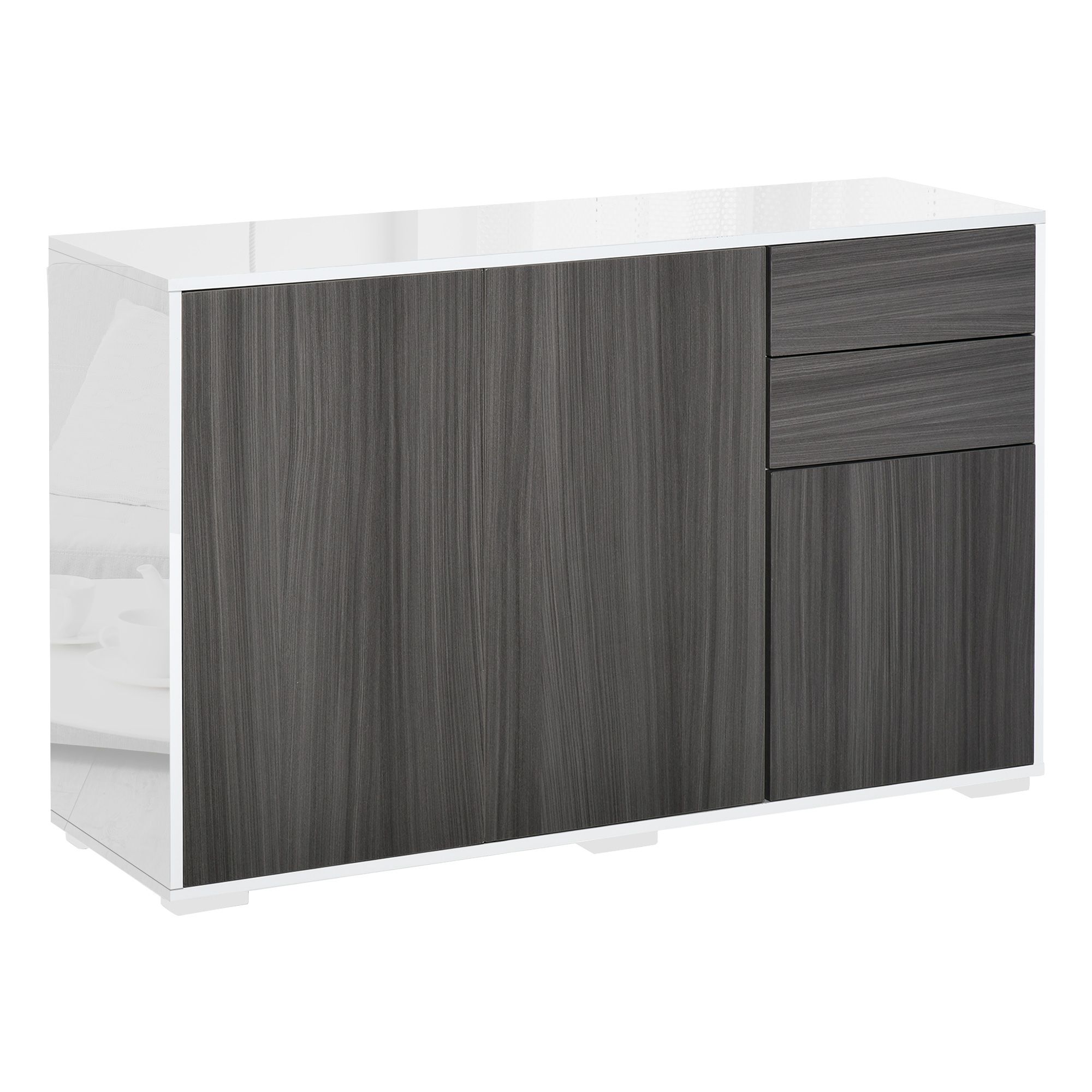 Homcom High Gloss Sideboard, Side Cabinet, Push-Open Design With 2 Drawer, Light Grey And White