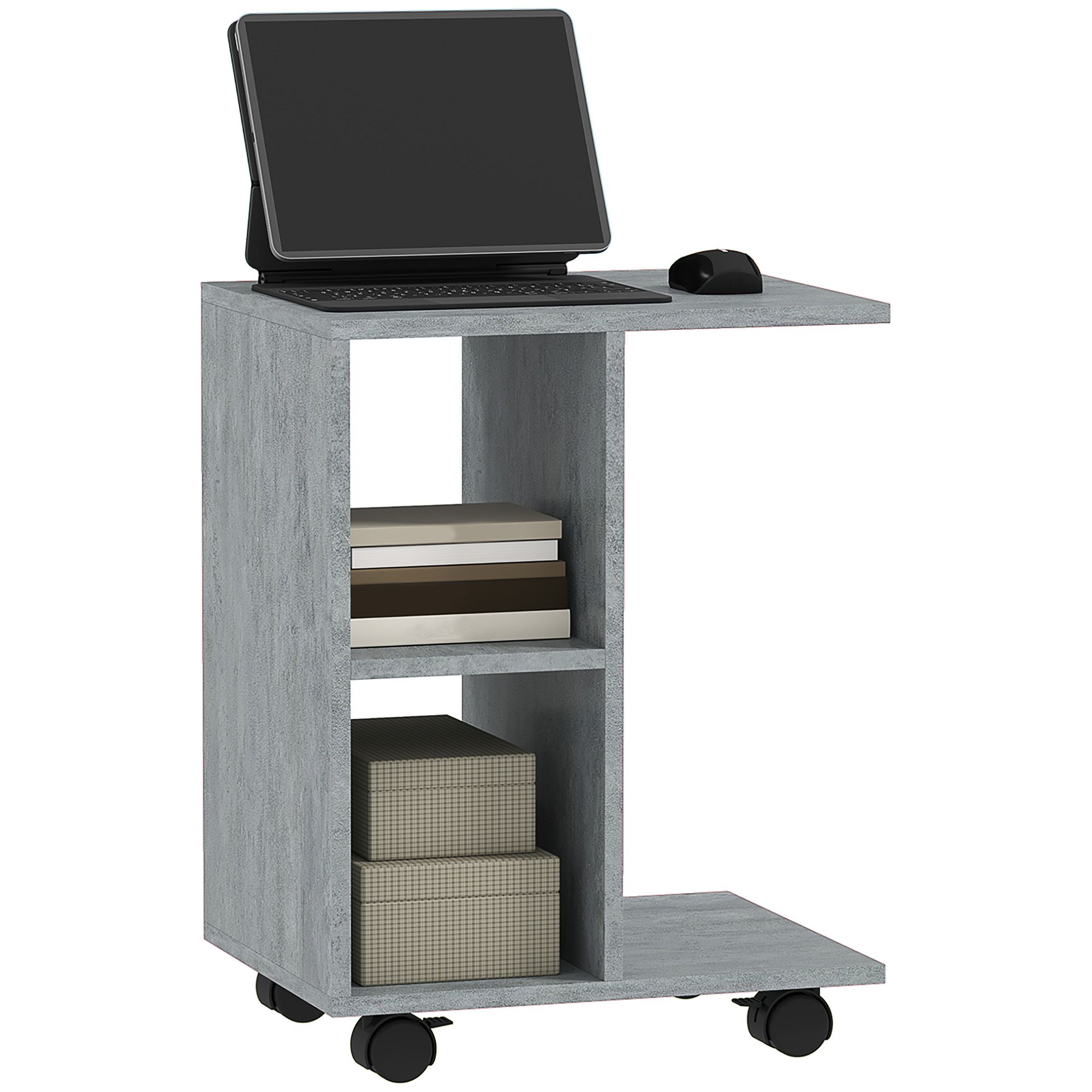 Homcom C-Shape End Table Unique Storage Unit W/ 2 Shelves 4 Wheels Freestanding Home Office Furniture Cabinet Square Studio Grey