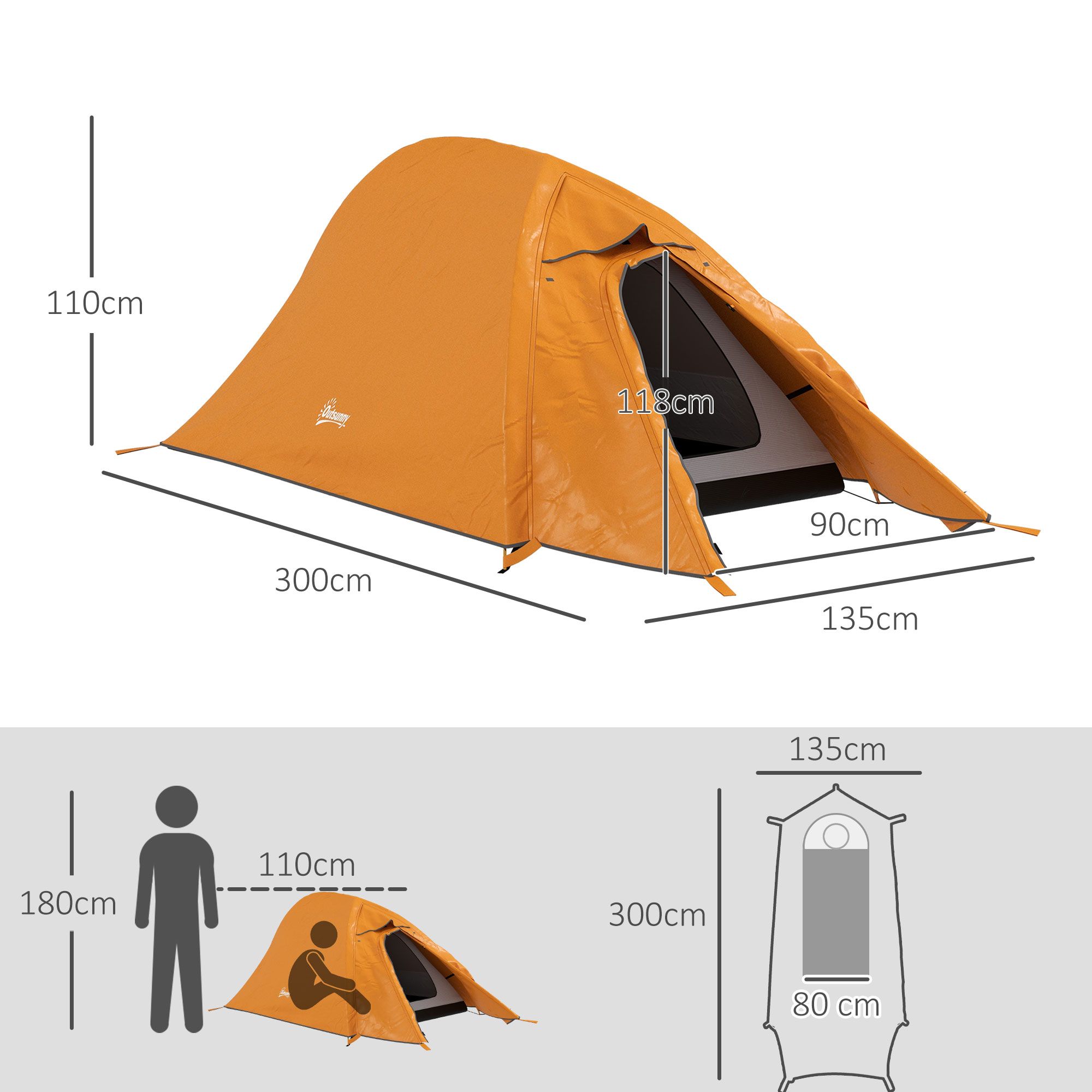 Outsunny Double Layer Camping Tent, 1-2 Man Backpacking Tent With Carry Bag, 2000mm Waterproof And Lightweight, Orange