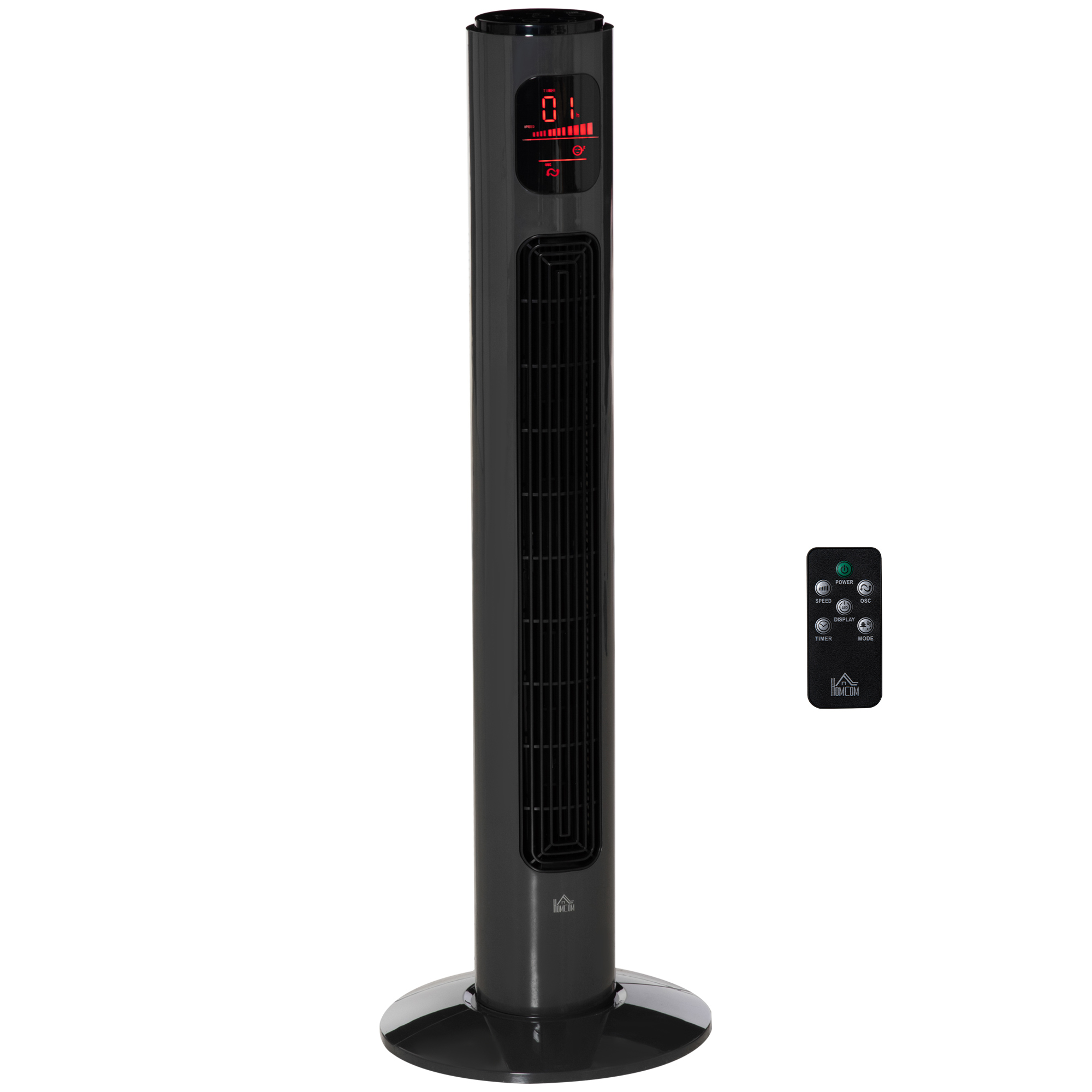 Homcom 38'' Freestanding Tower Fan, 3 Speed 3 Mode, 12h Timer, 70 Degree Oscillation, Led Panel, 5m Remote Controller, Dark Grey