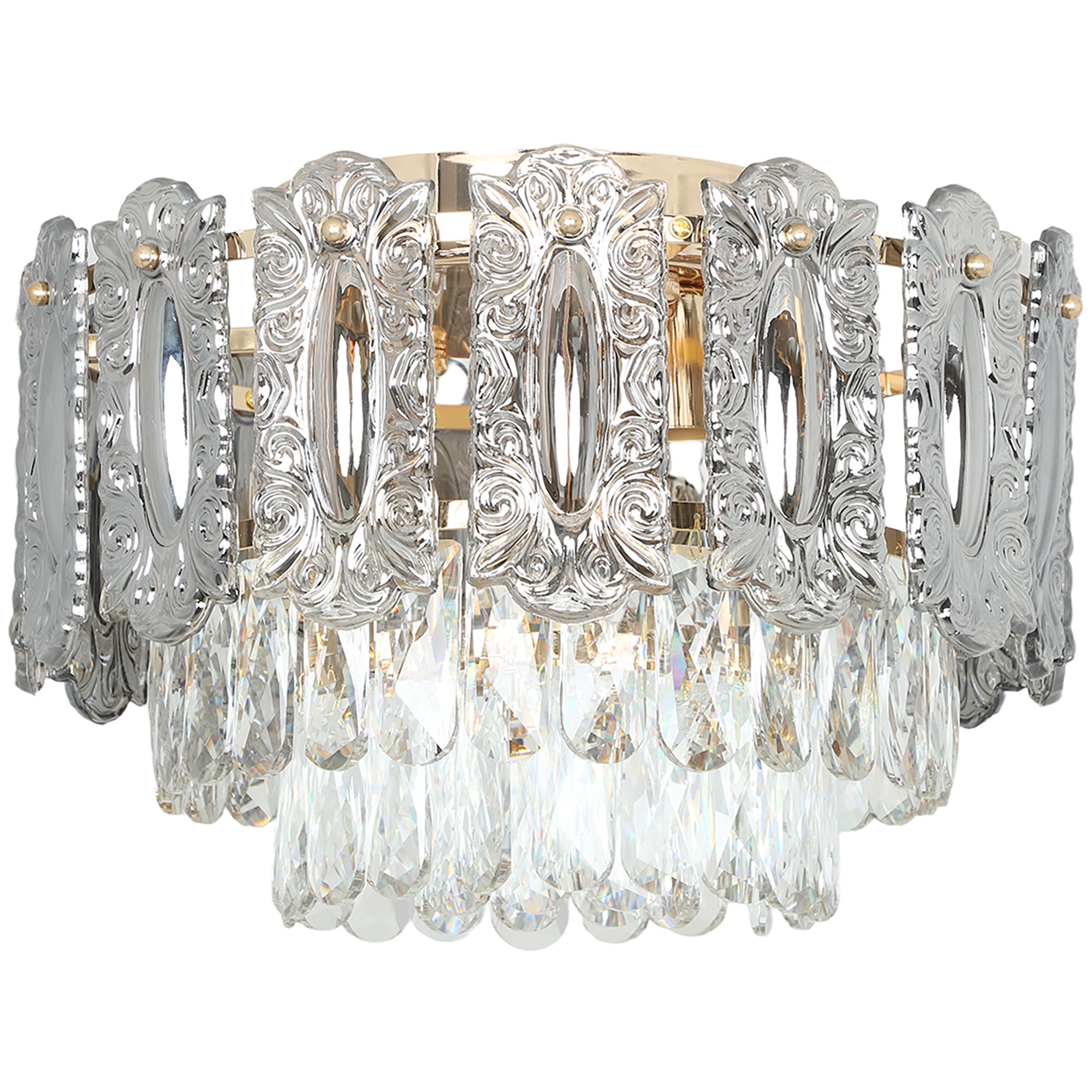 Homcom Chandelier Ceiling Light, 3-light Vintage Flush Mount Fixture With Dual Crystal And Smoke Glass Shade, Led Ceiling Light For Living Room Bedroo