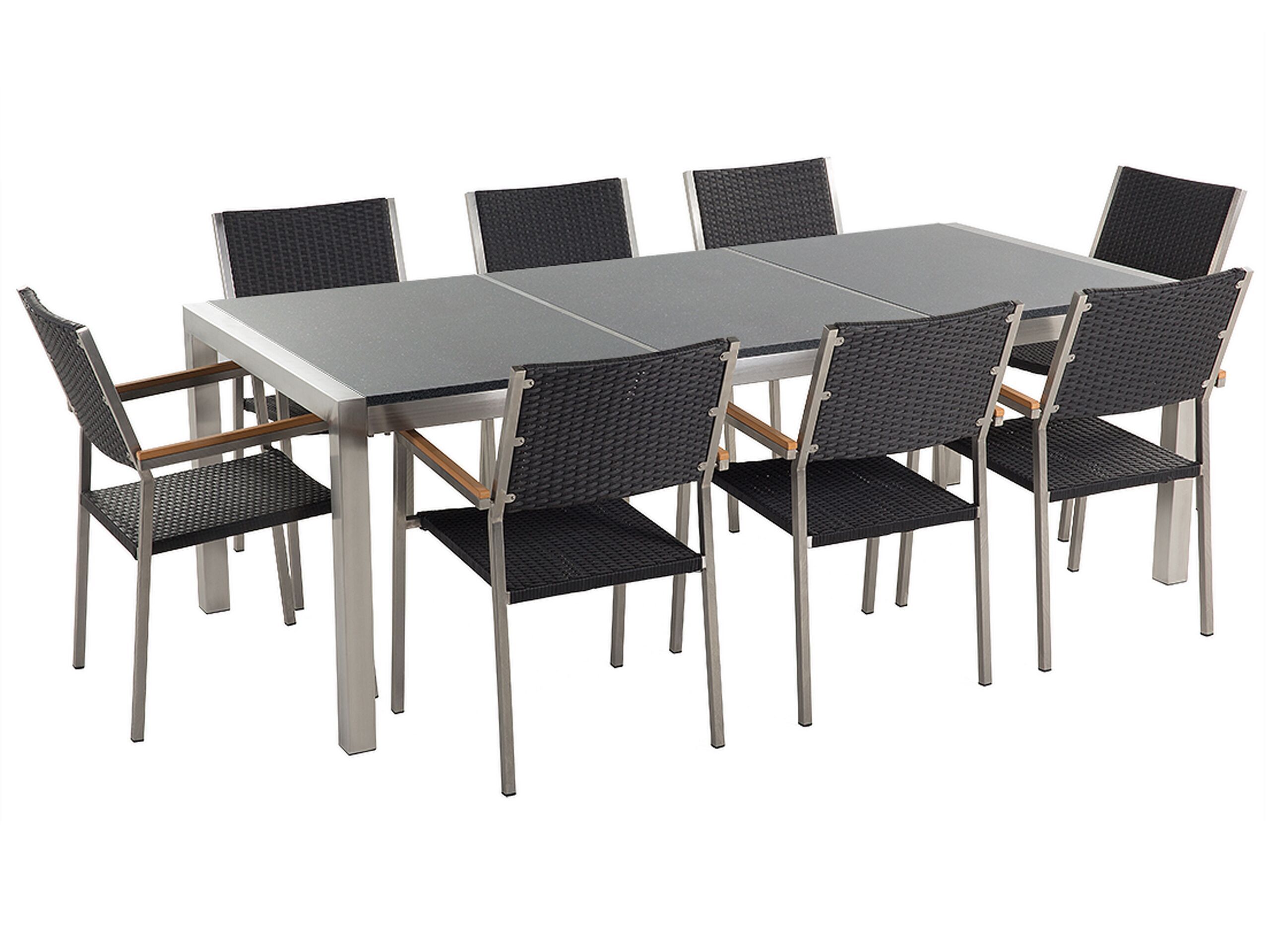 Garden Dining Set Black With Grey Granite Table Top Rattan Chairs 8 Seats 220 X 100 Cm Beliani