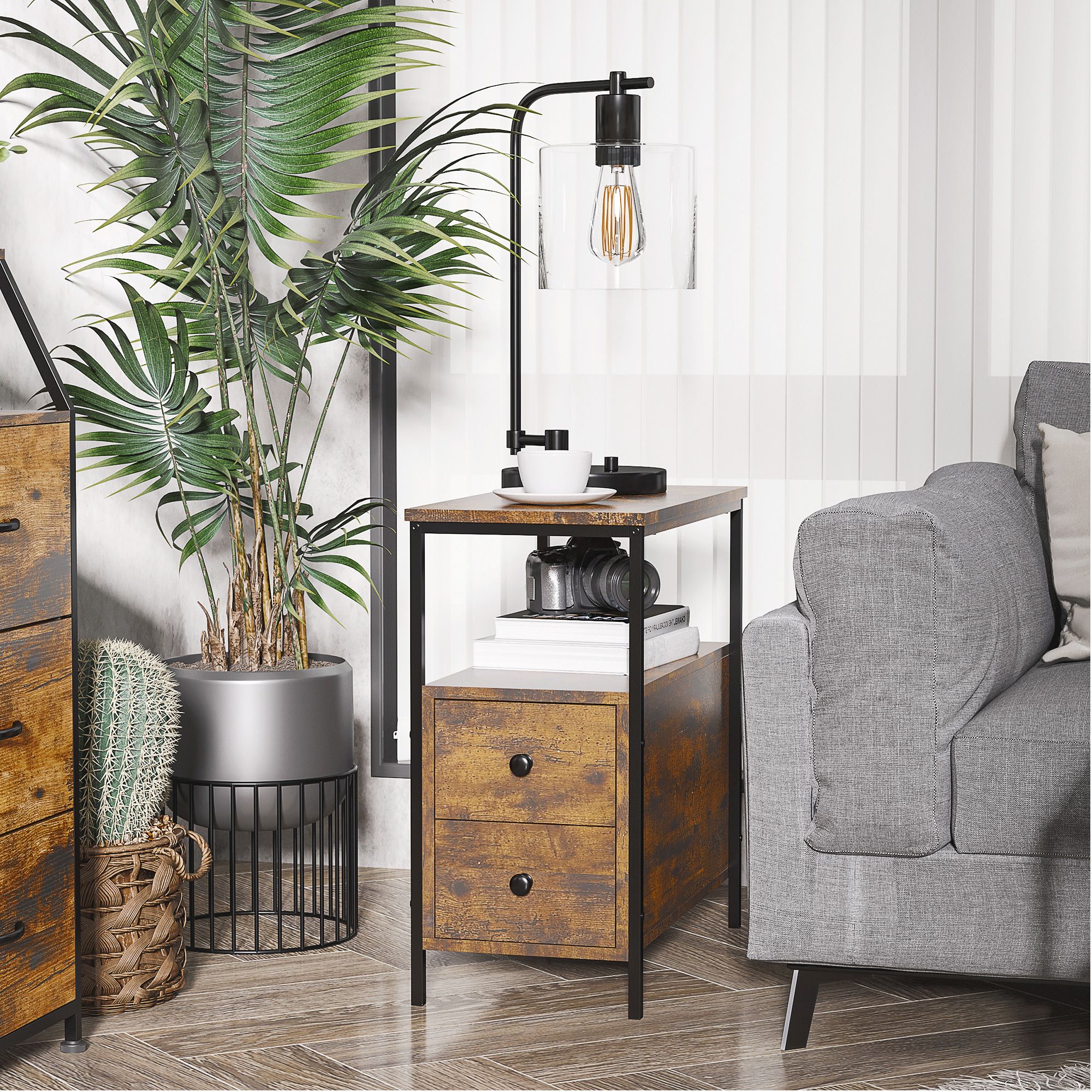 Homcom Side Table With 2 Drawers And Storage Shelf, Narrow End Table Bedside Table With Metal Frame For Small Spaces, Rustic Brown
