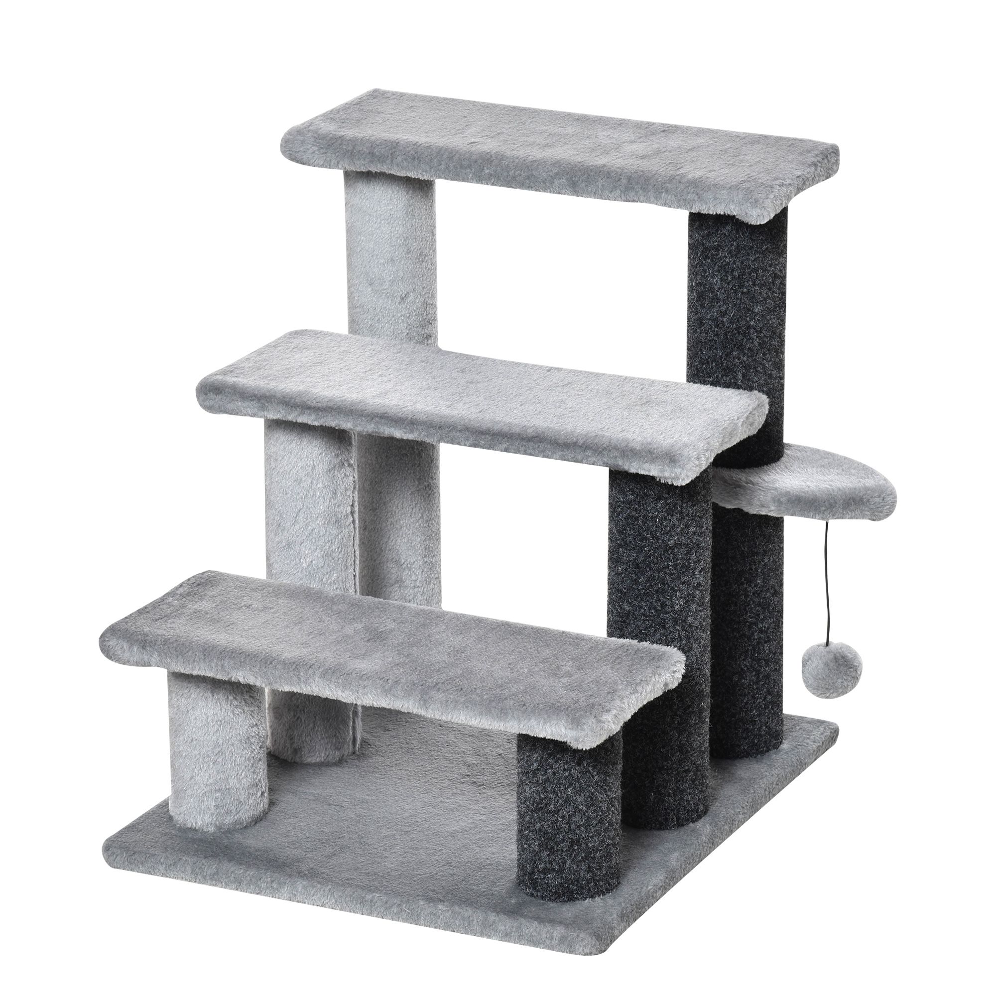 Pawhut 3-step Pet Stairs With Scratching Posts, Platforms, Toy Ball, Grey