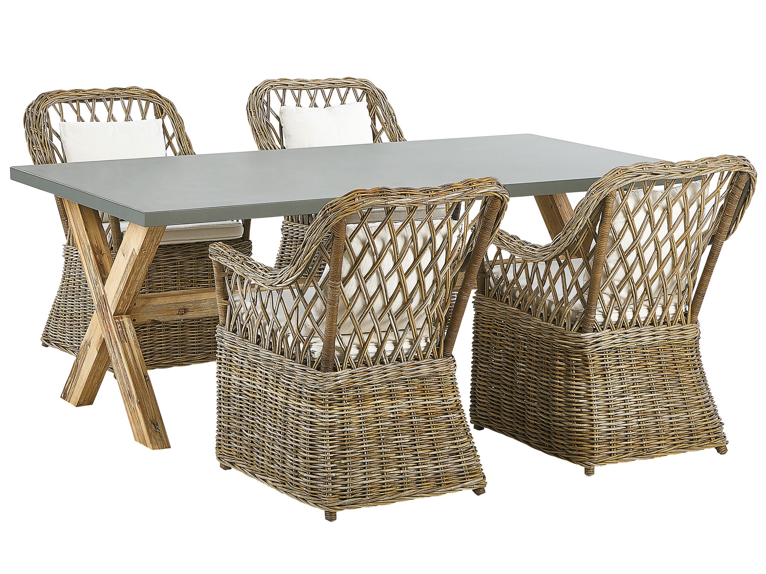 Garden Dining Set Natural Concrete Table 4 Rattan Wicker Chairs With Cotton Cushions Beliani