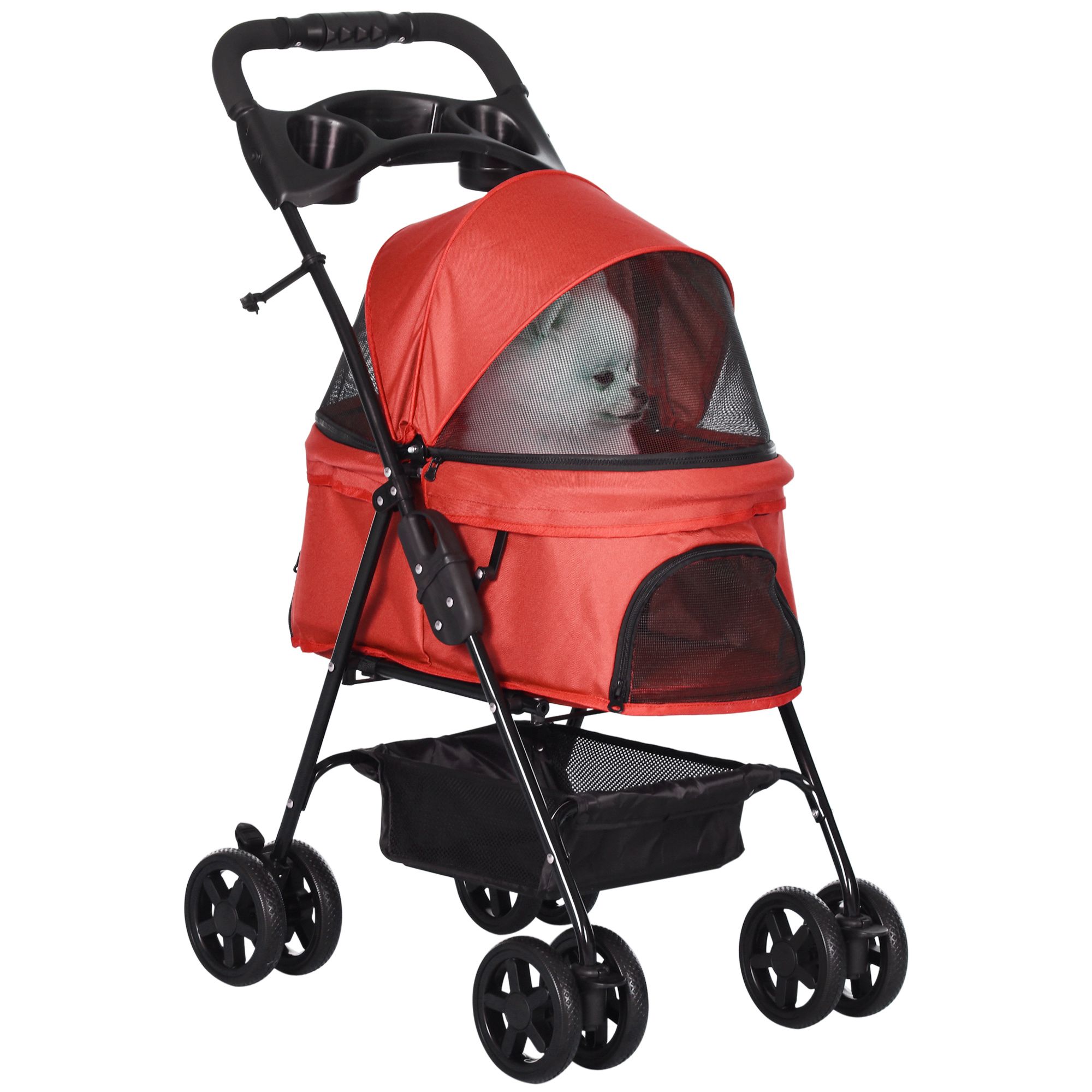 Pawhut Pet Stroller Dog Cat Travel Pushchair Fold Trolley Jogger With Eva Wheels Brake Basket Adjustable Canopy Safety Leash Red