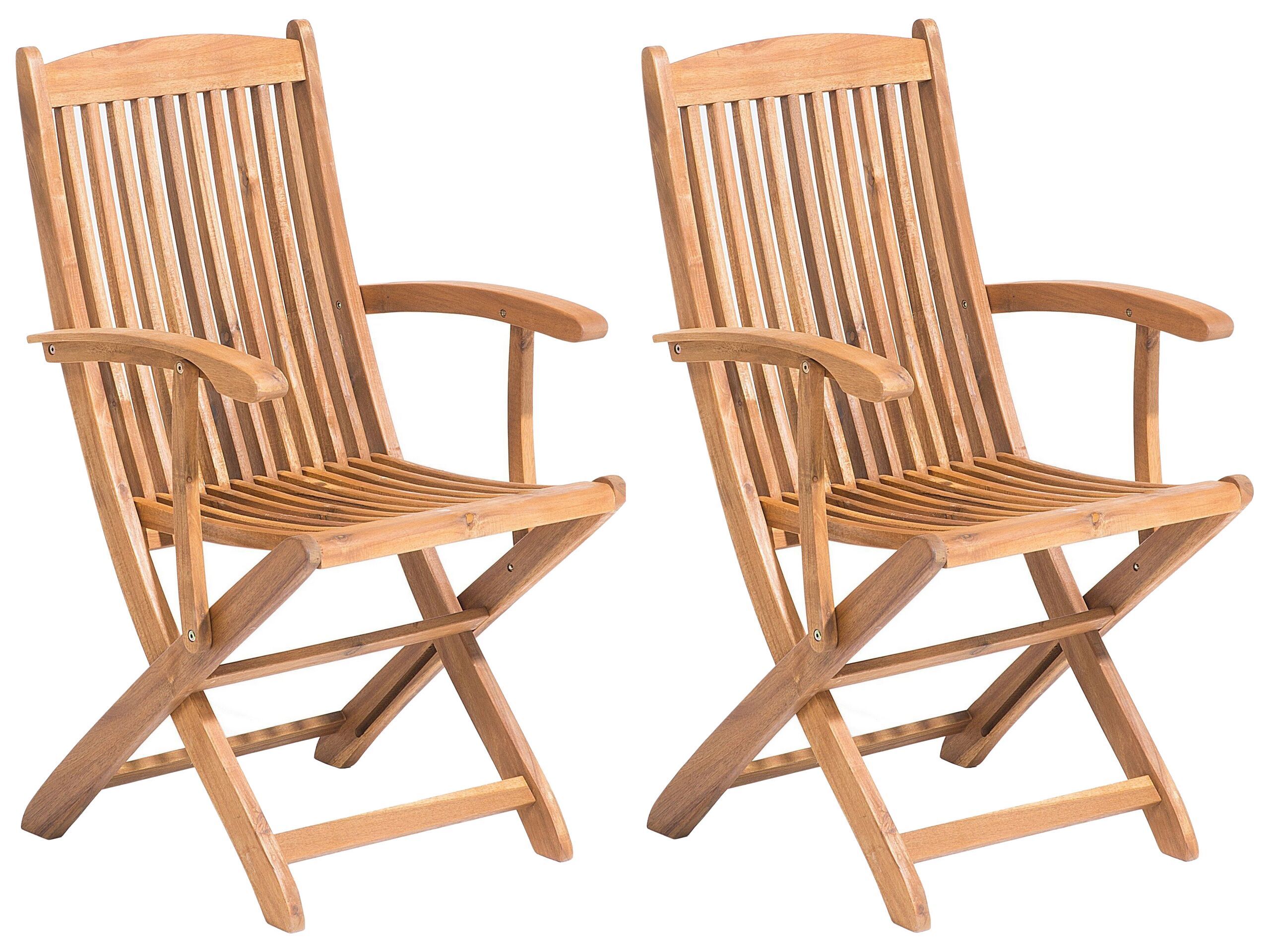 Set Of 2 Garden Dining Chairs Light Wood Acacia Wood Frame Folding Rustic Design Beliani