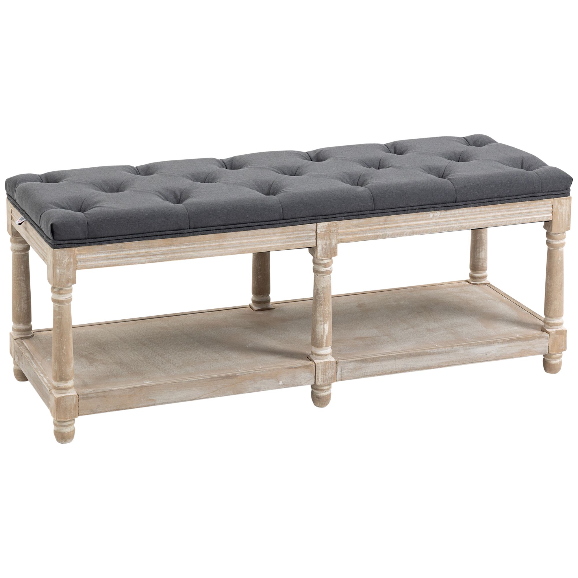 Homcom 2 Tier Shoe Rack Bench With Button Tufted Upholstered Cushion, Vintage Bed End Bench, Wooden Window Seat, Bedroom-Grey
