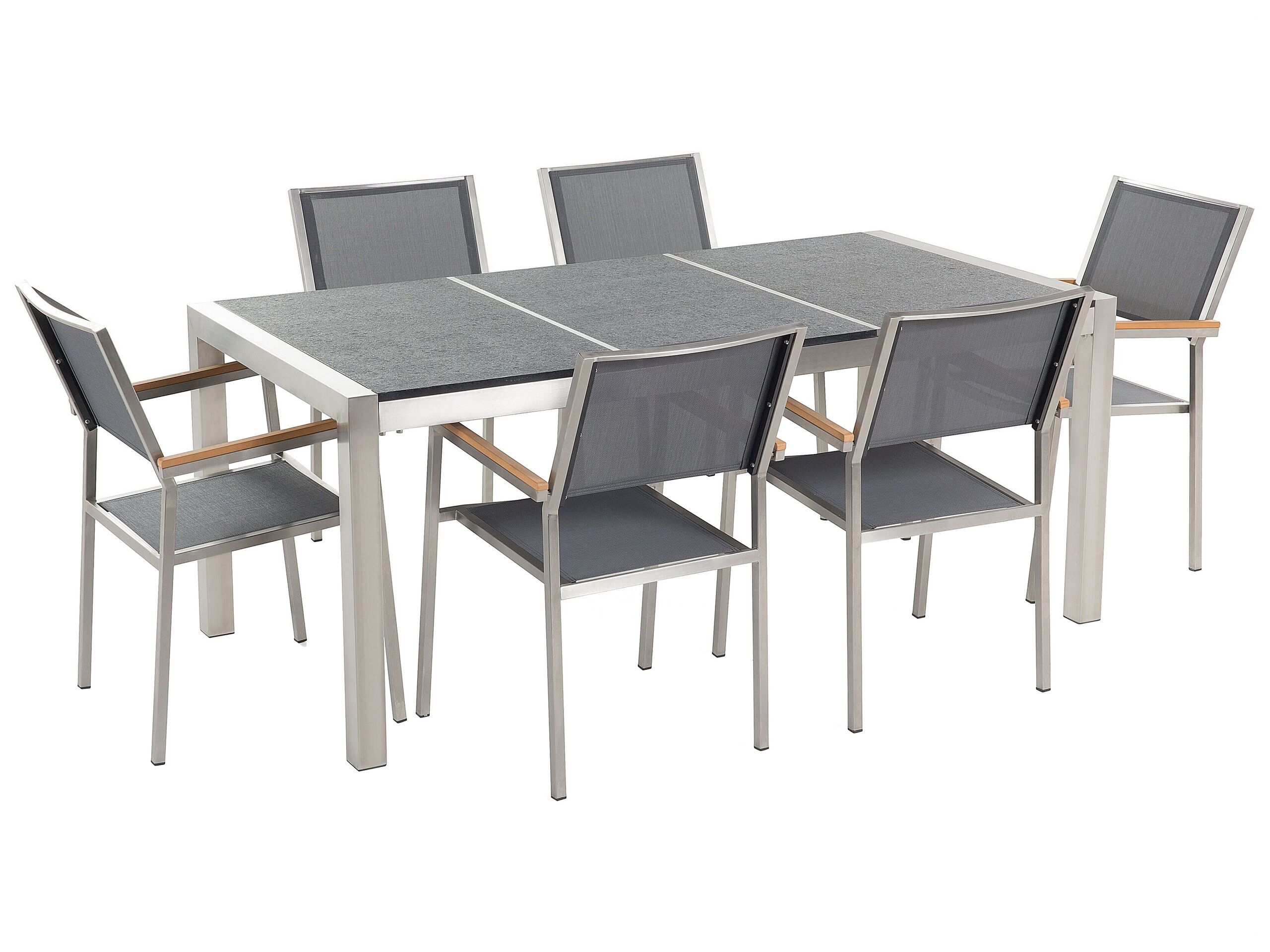 Garden Dining Set Grey With Flamed Basalt Table Top 6 Seats 180 X 90 Cm Triple Plate Beliani