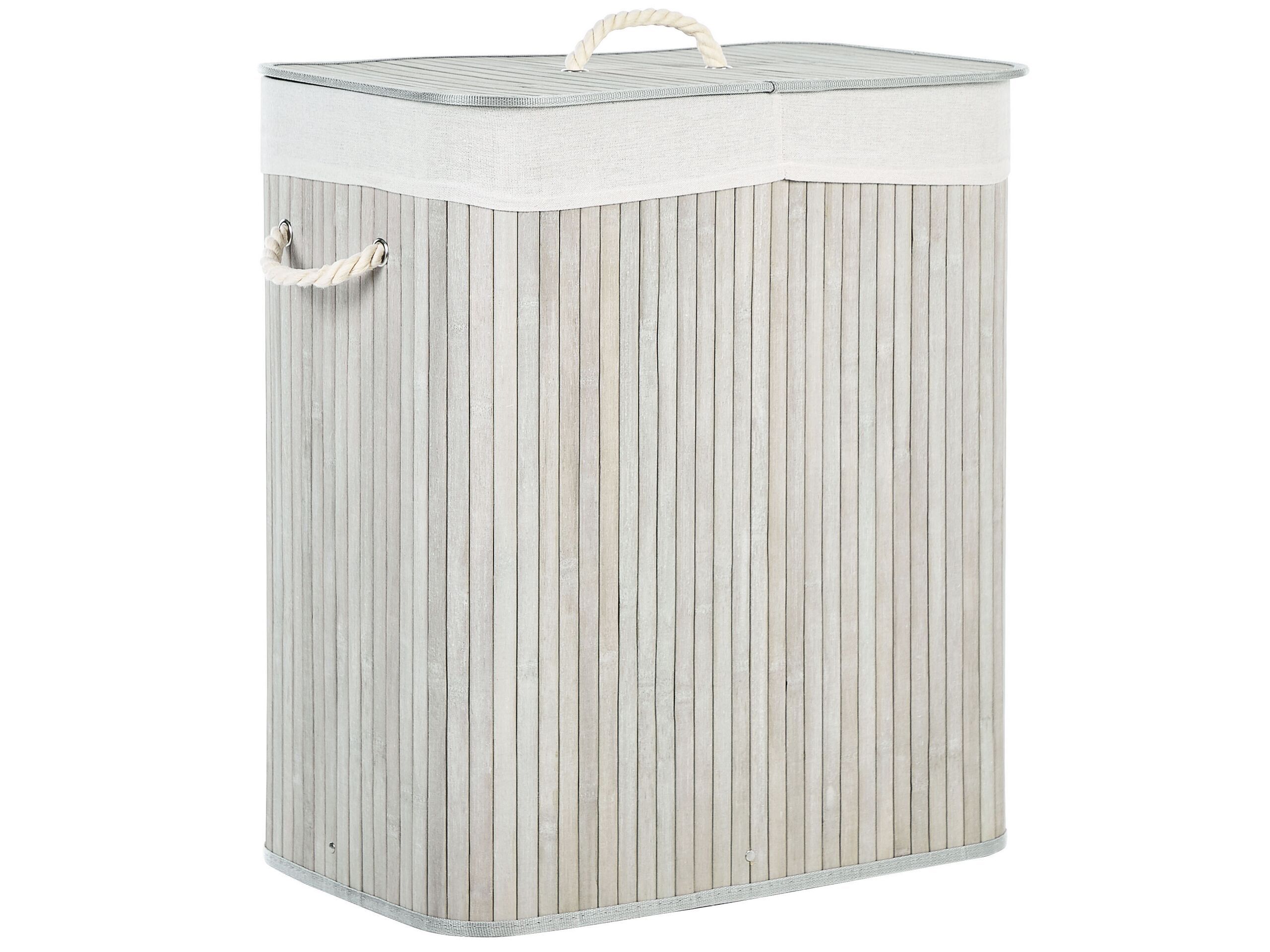 Basket With Lid Grey Bamboo Wood Laundry Hamper 2-compartments With Rope Handles