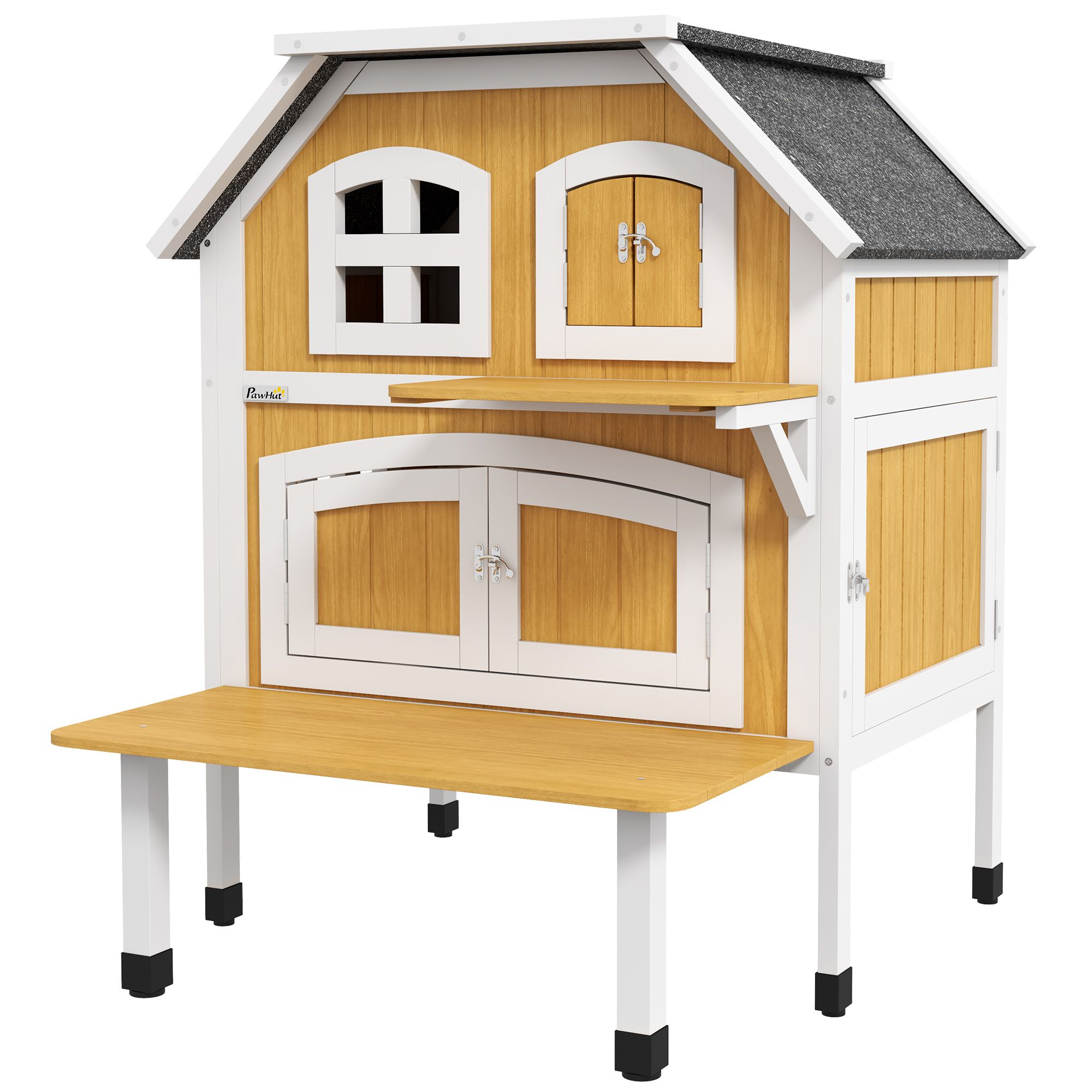 Pawhut Outdoor Cat Shelter 2 Tiers Wooden Feral Cat House With Openable Asphalt Roof, Escape Doors, For 1-2 Cats