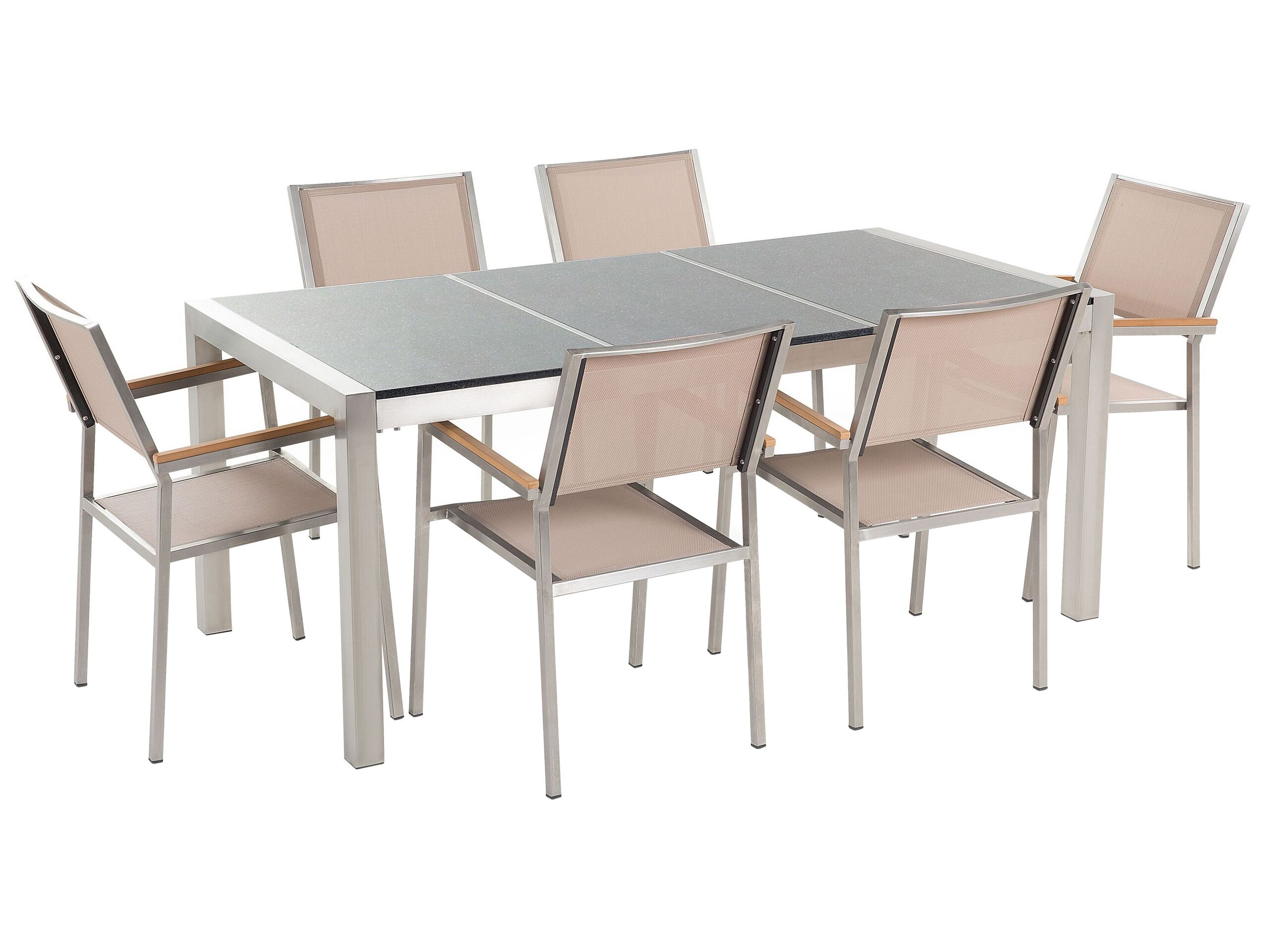 Garden Dining Set Beige With Grey Granite Table Top 6 Seats 180 X 90 Cm Triple Plate Beliani