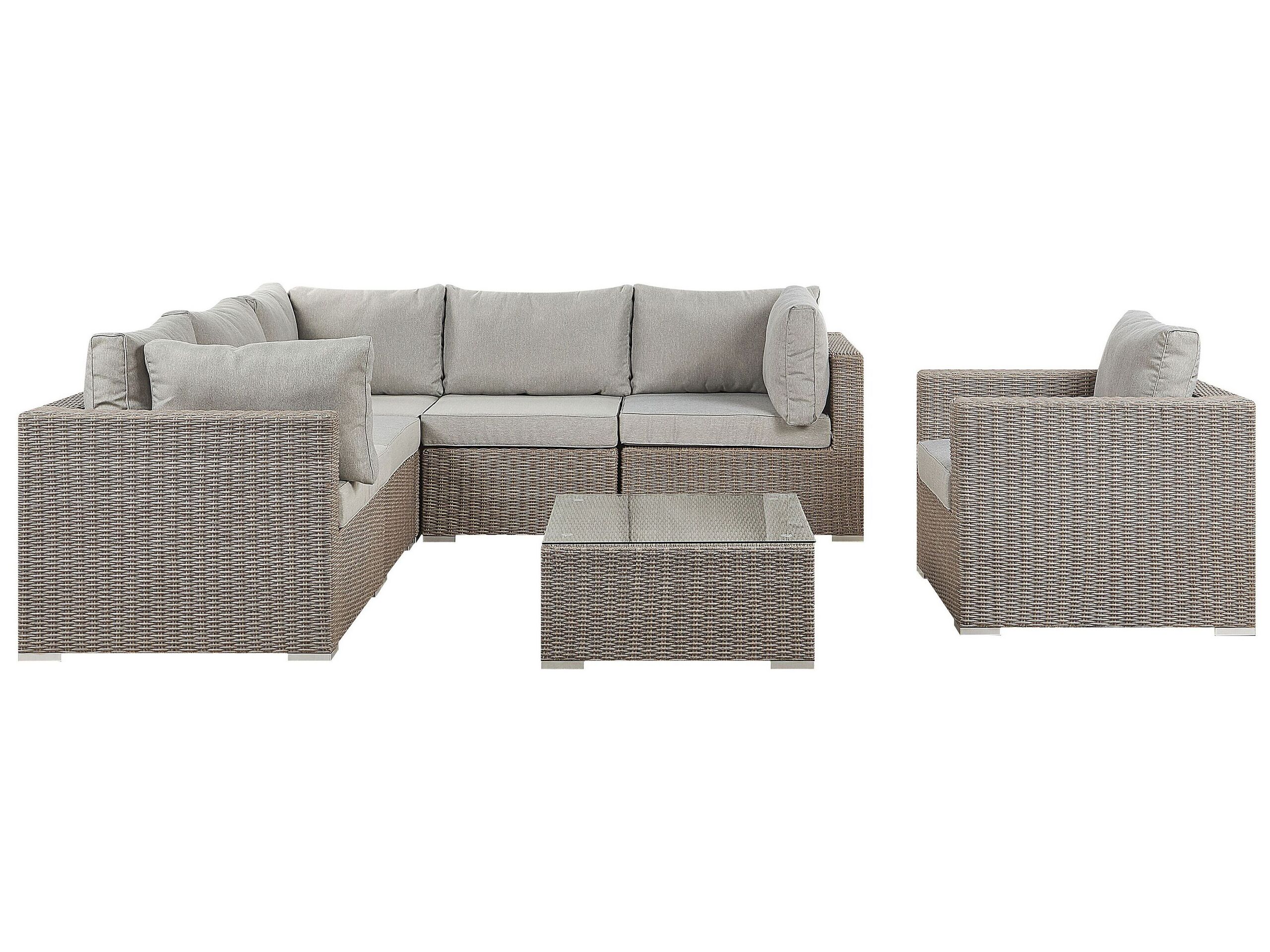 Garden Lounge Set Taupe Pe Rattan Right Hand Corner Sofa Armchair Coffee Table Grey Cushions Beliani