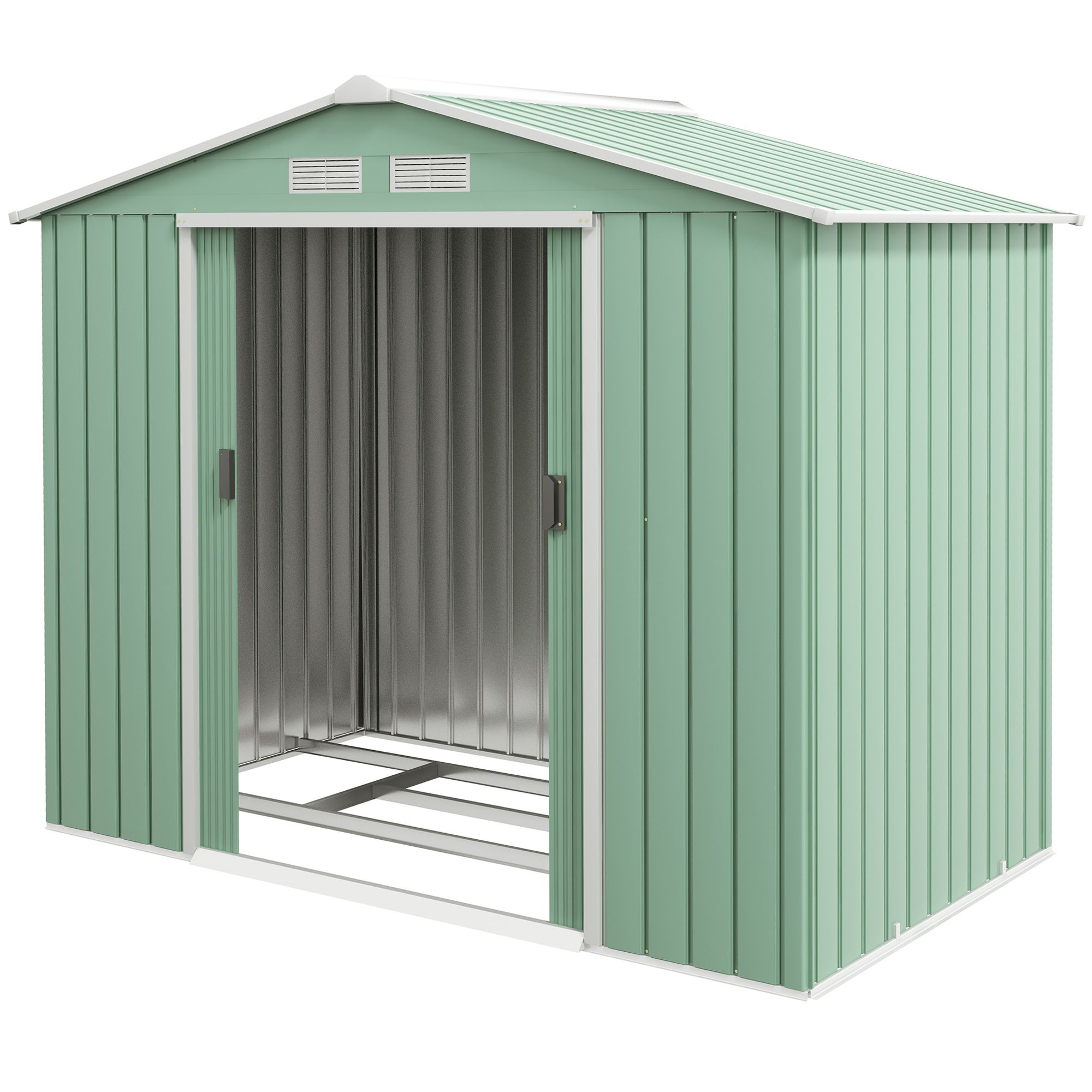 Outsunny 7ft X 4ft Lockable Garden Metal Storage Shed Large Patio Roofed Tool Storage Building Foundation Sheds Box Outdoor Furniture, Light Green