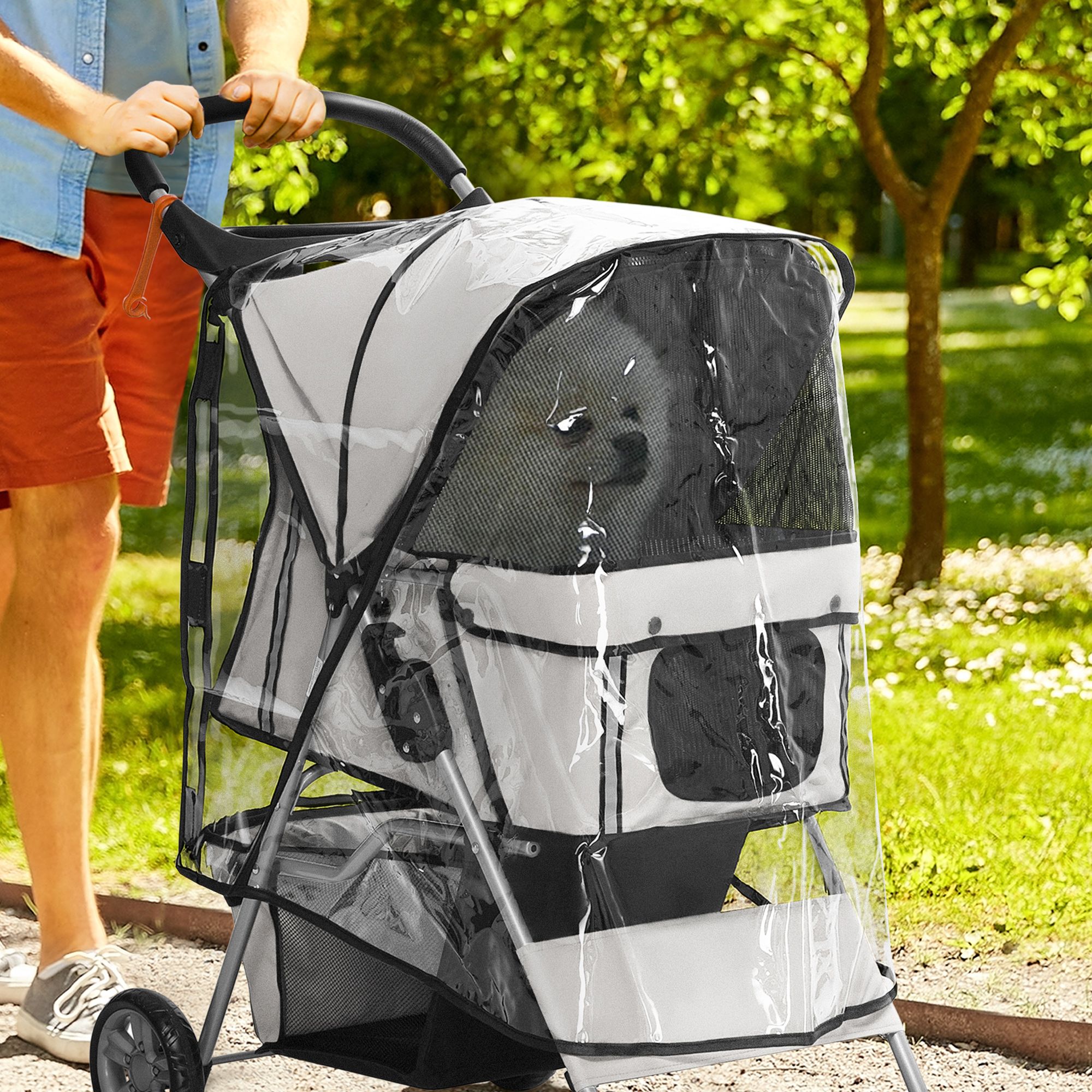 Pawhut Dog Stroller Rain Cover, Cover For Dog Pram Stroller Buggy W/ Rear Side Entry, Grey