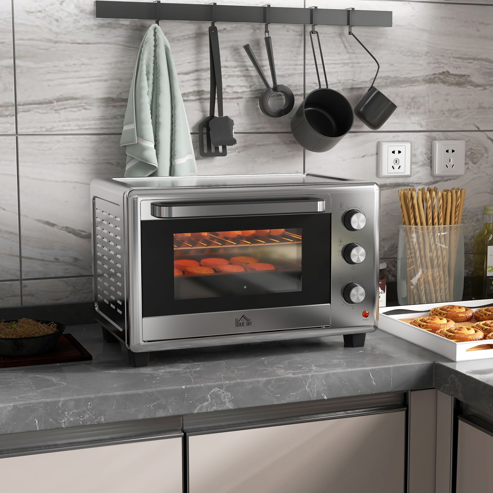 Homcom 30l 60-230℃ Mini Electric Oven, With Accessories - Silver Tone