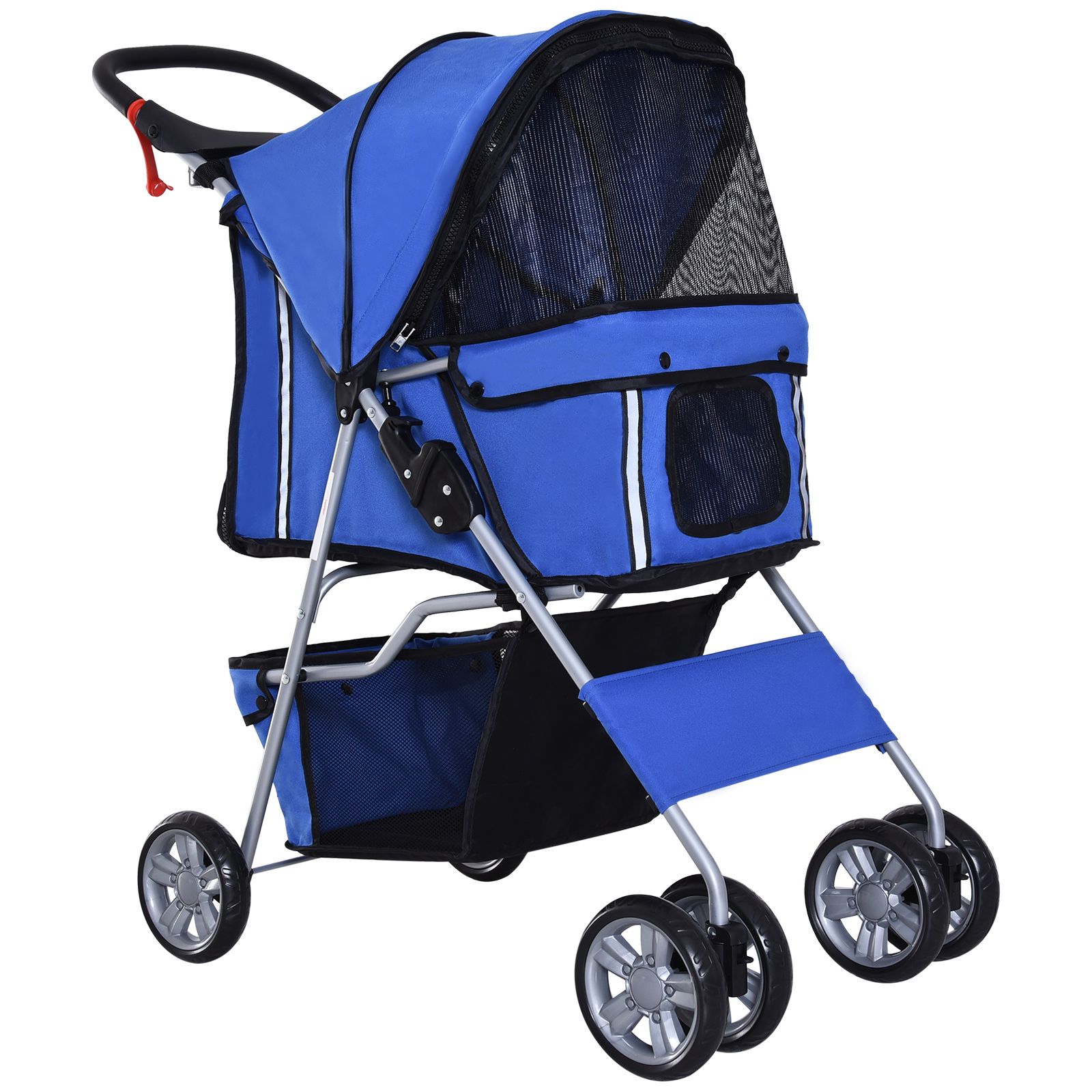 Pawhut Dog Pushchair For Small Miniature Dogs Cats Foldable Travel Carriage With Wheels Zipper Entry Cup Holder Storage Basket Blue