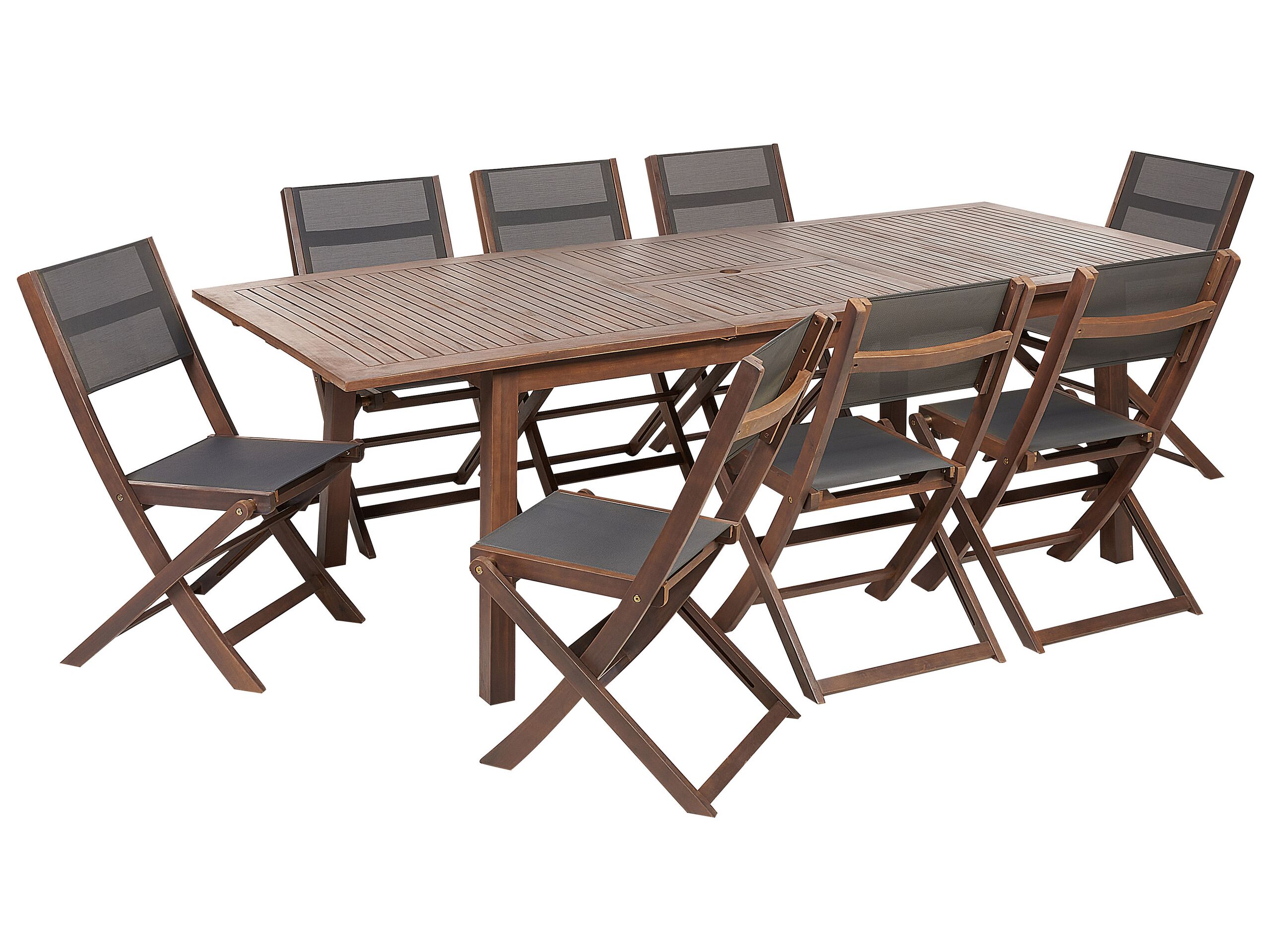 Garden Dining Set Dark Acacia Wood Grey Pvc Fabric Extending Outdoor Table 8 Folding Chairs 9 Piece Furniture Set