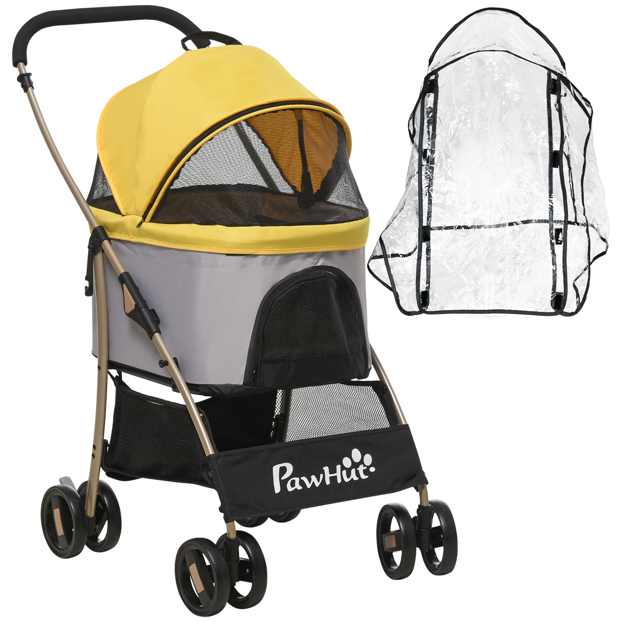 Pawhut Detachable Pet Stroller With Rain Cover, 3 In 1 Cat Dog Pushchair, Foldable Carrying Bag W/ Universal Wheels, Brake, Canopy, Basket