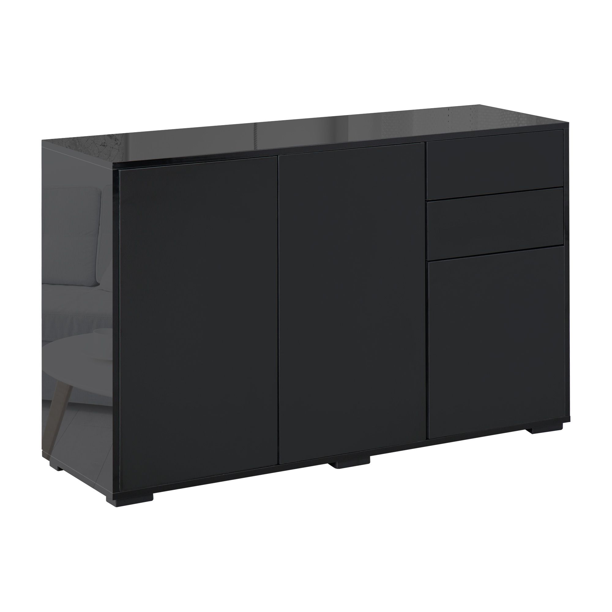 Homcom High Gloss Sideboard, Side Cabinet, Push-Open Design With 2 Drawer, Black