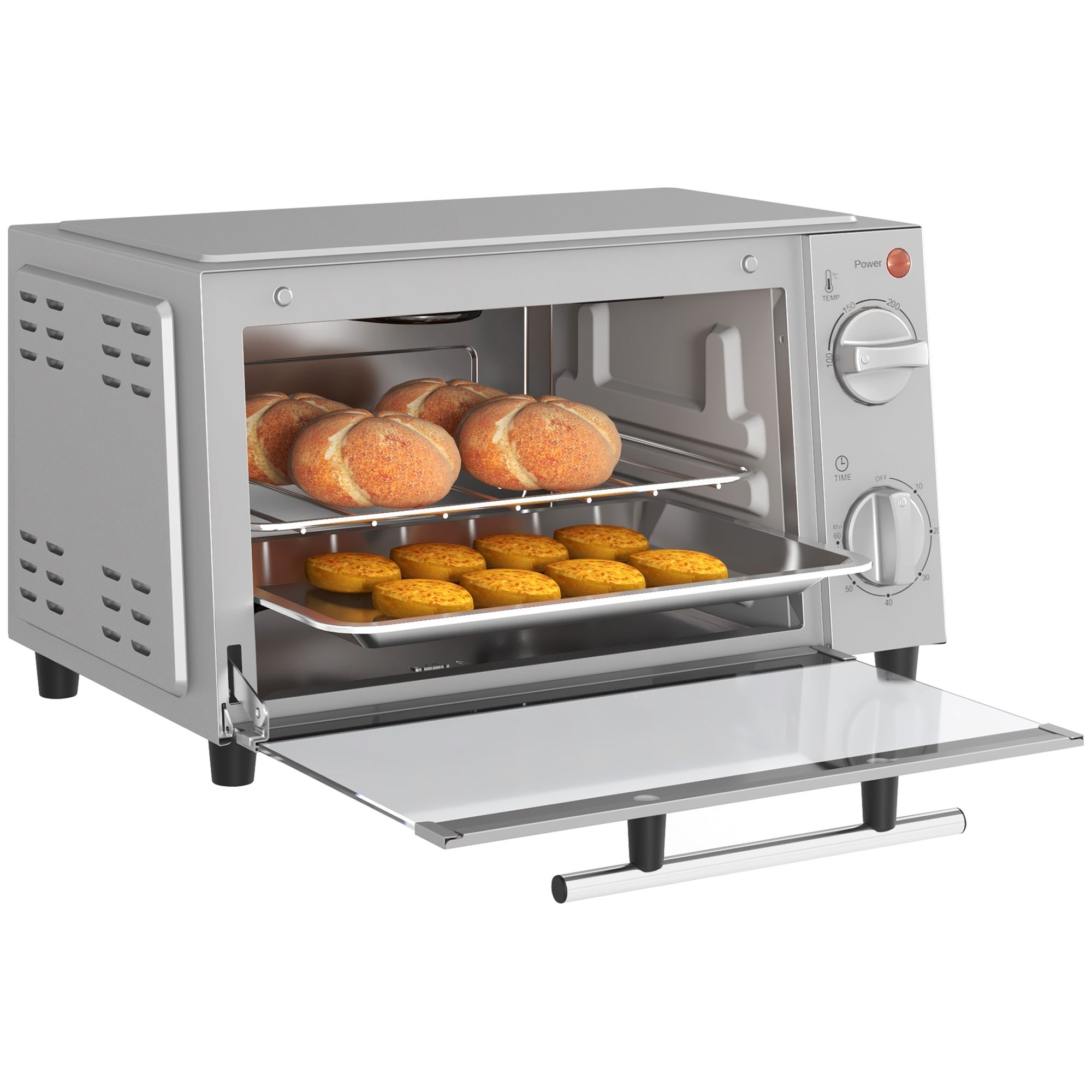 Homcom Mini Oven, 9l Countertop Electric Grill, Toaster Oven With Adjustable Temperature, Timer, Baking Tray And Wire Rack, 750w, Silver