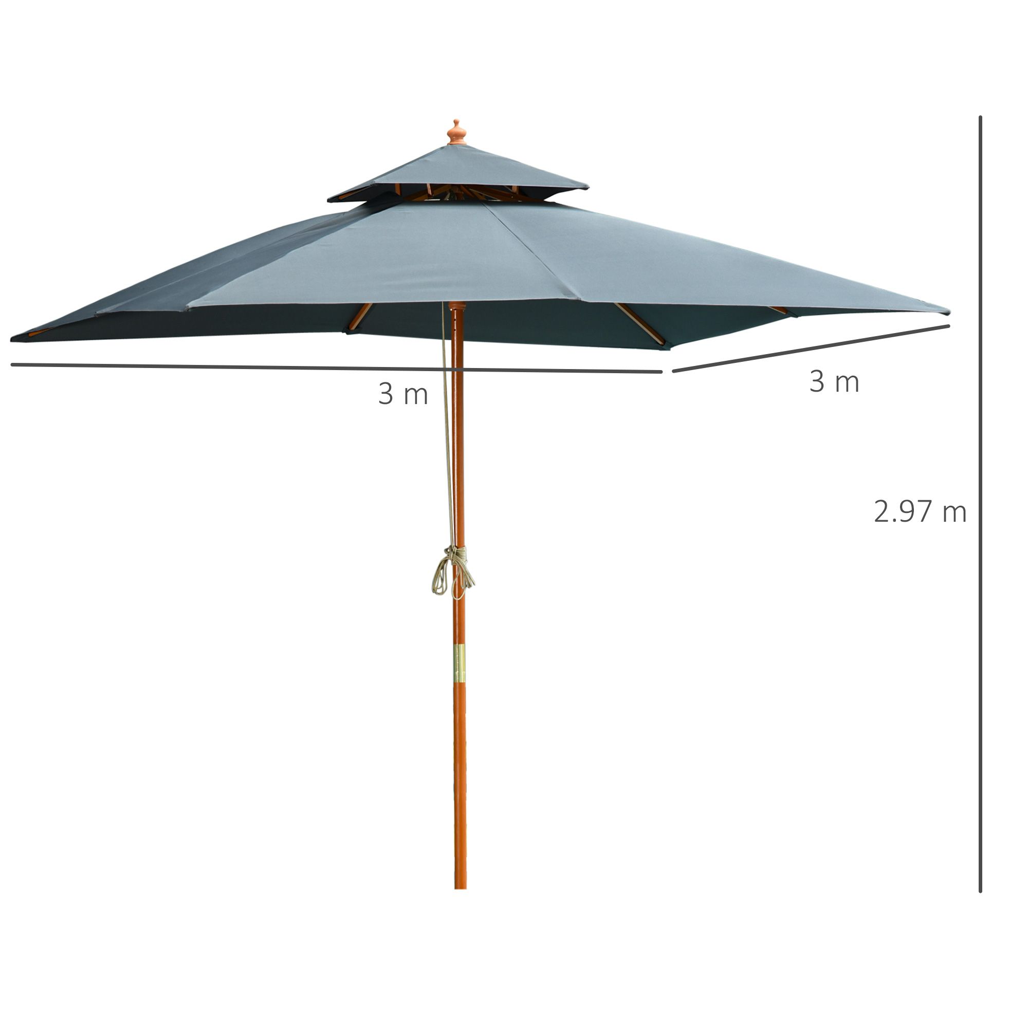 Outsunny 3x3(m) Wood Square Patio Umbrella Garden Market Parasol Sunshade Canopy With 2 Pulley Pagoda Style Dark Grey