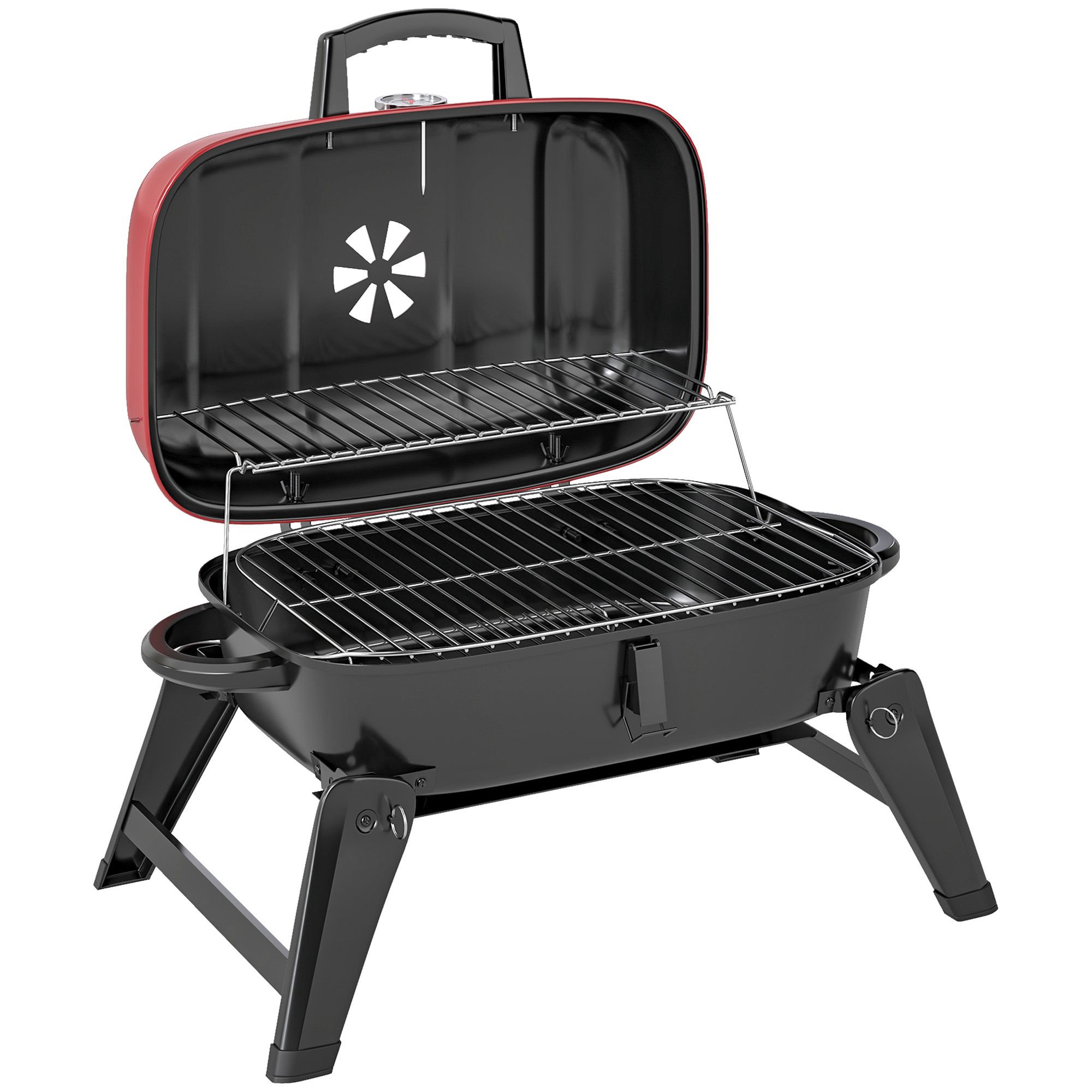 Outsunny Charcoal Barbecue Grill Folding Bbq Grill With 1232 Cm² Cooking Area, Adjustable Vent, Thermometer, Handles For Camping Picnic, Red