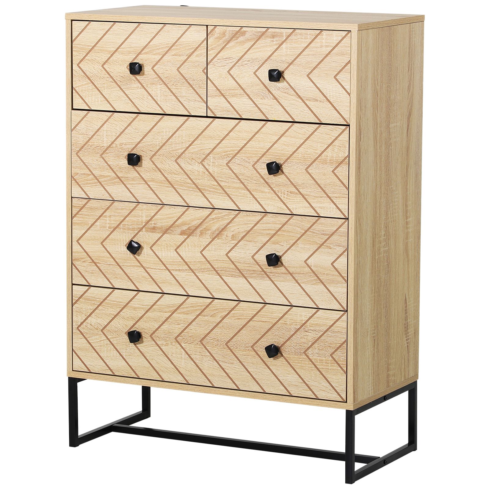 Homcom 5 Drawer Chest Sideboard Cabinet Storage Unit Bedroom Home Unique Zig Zag Design W/ Black Metal Handles Anti Tip & Top
