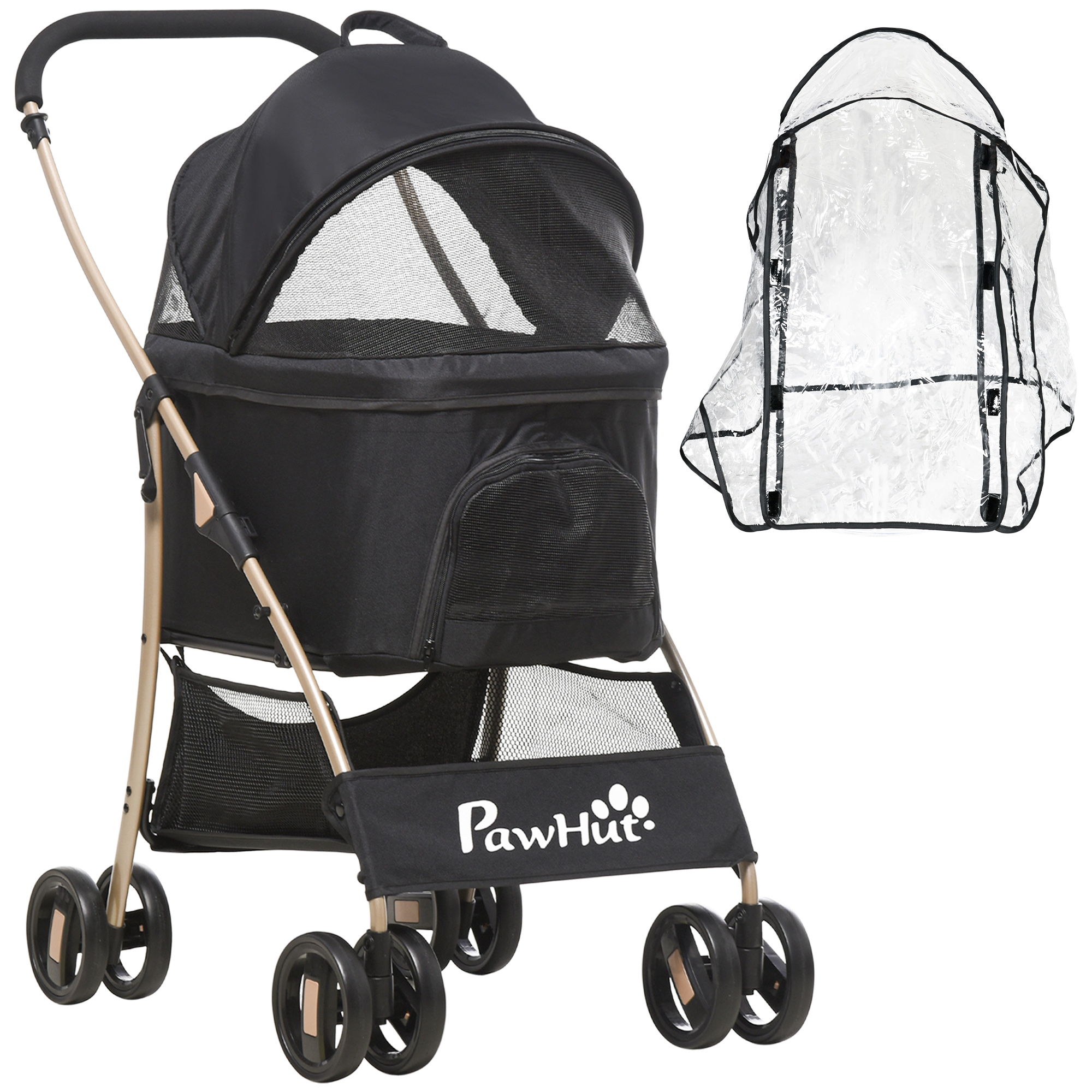 Pawhut Detachable Pet Stroller With Rain Cover, 3 In 1 Cat Dog Pushchair, Foldable Carrying Bag W/ Universal Wheels, Brake, Canopy, Basket