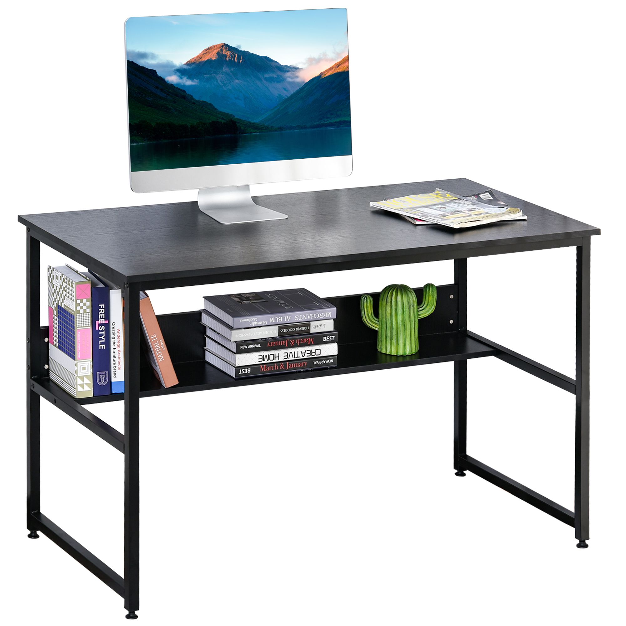 Homcom Computer Desk W/ Storage Shelf Adjustable Feet Metal Frame Home Office Laptop Study Writing Workstation Table Black