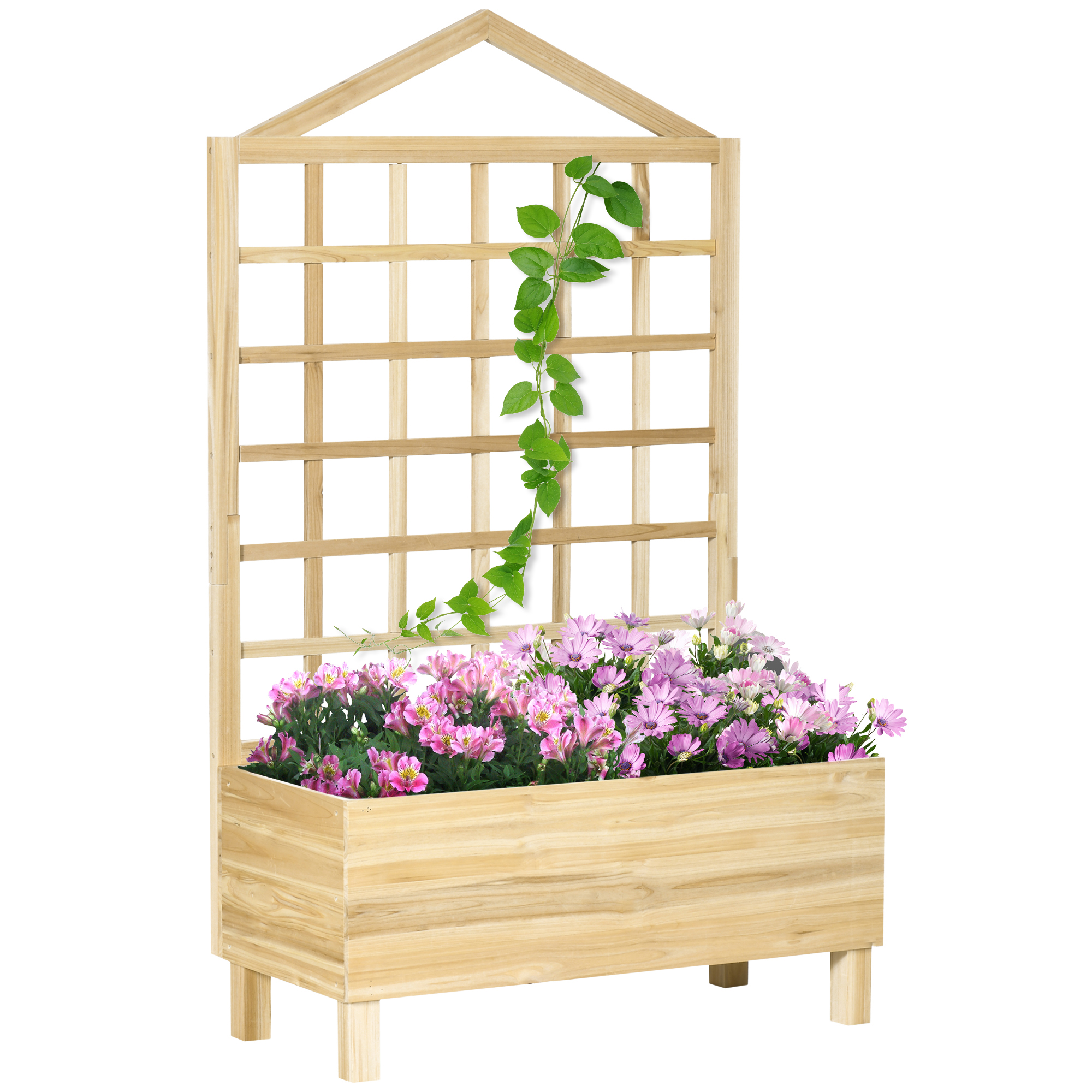 Outsunny Garden Planters With Trellis For Vine Climbing, Distressed Wooden Raised Beds, 90x43x150cm, Natural Tone