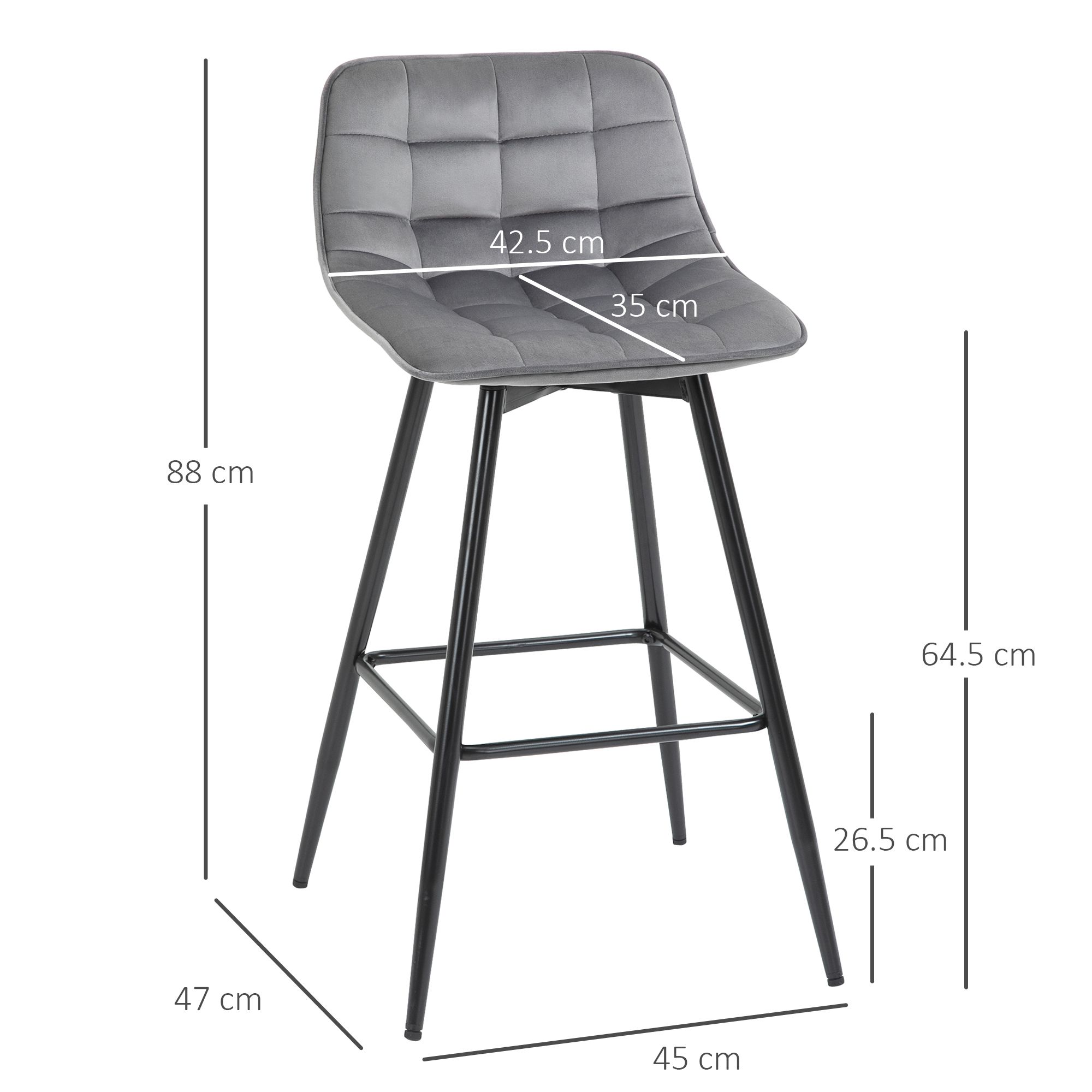Homcom Set Of 2 Bar Stools With Backs Velvet-Touch Dining Chairs Kitchen Counter Chairs Fabric Upholstered Seat With Metal Legs, Backrest, Grey