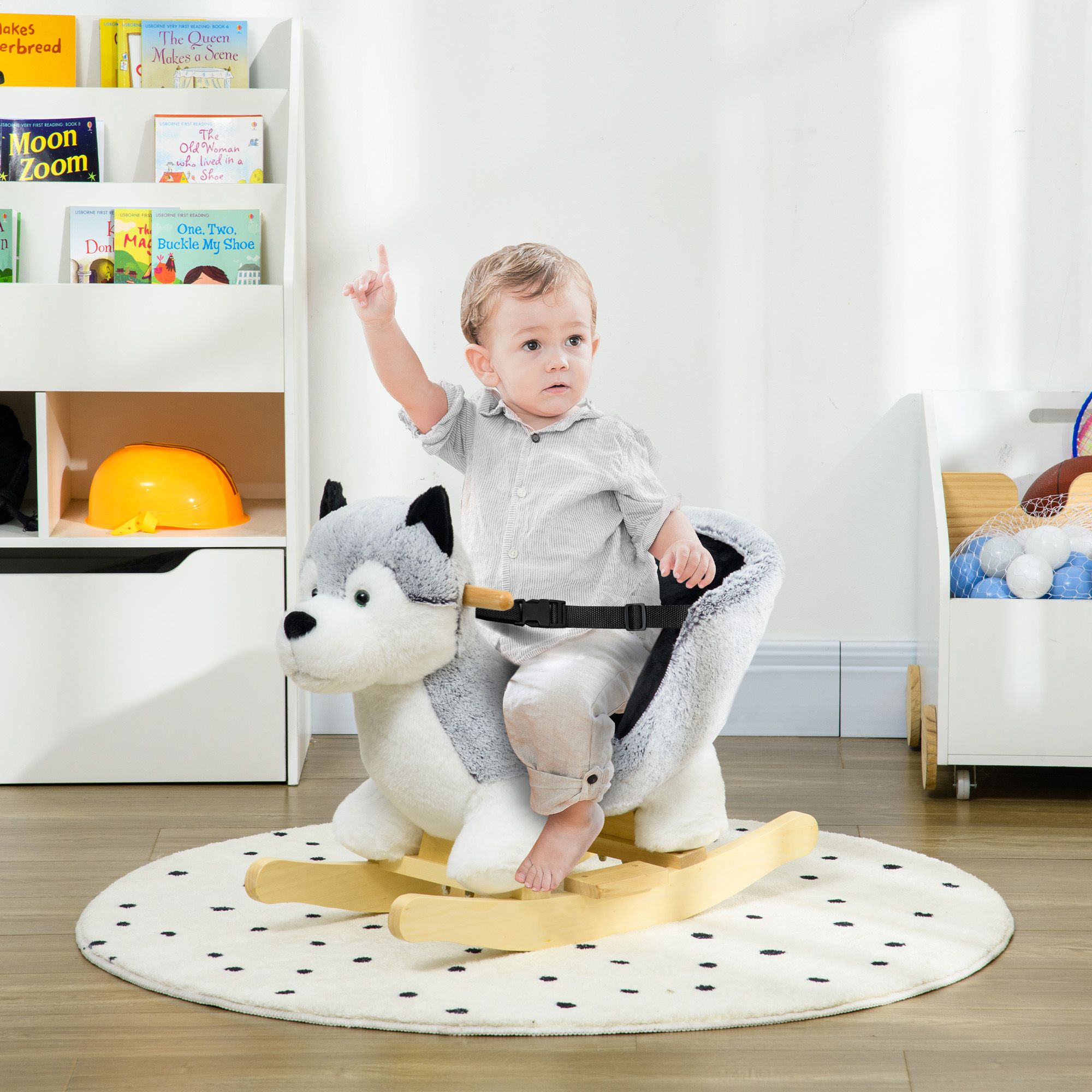 Homcom Baby Rocking Horse, Husky-shaped Plush Wooden Child Rocking Animal W/ Seat Belt, Ride On Toy For Kids 18-36 Months, Grey