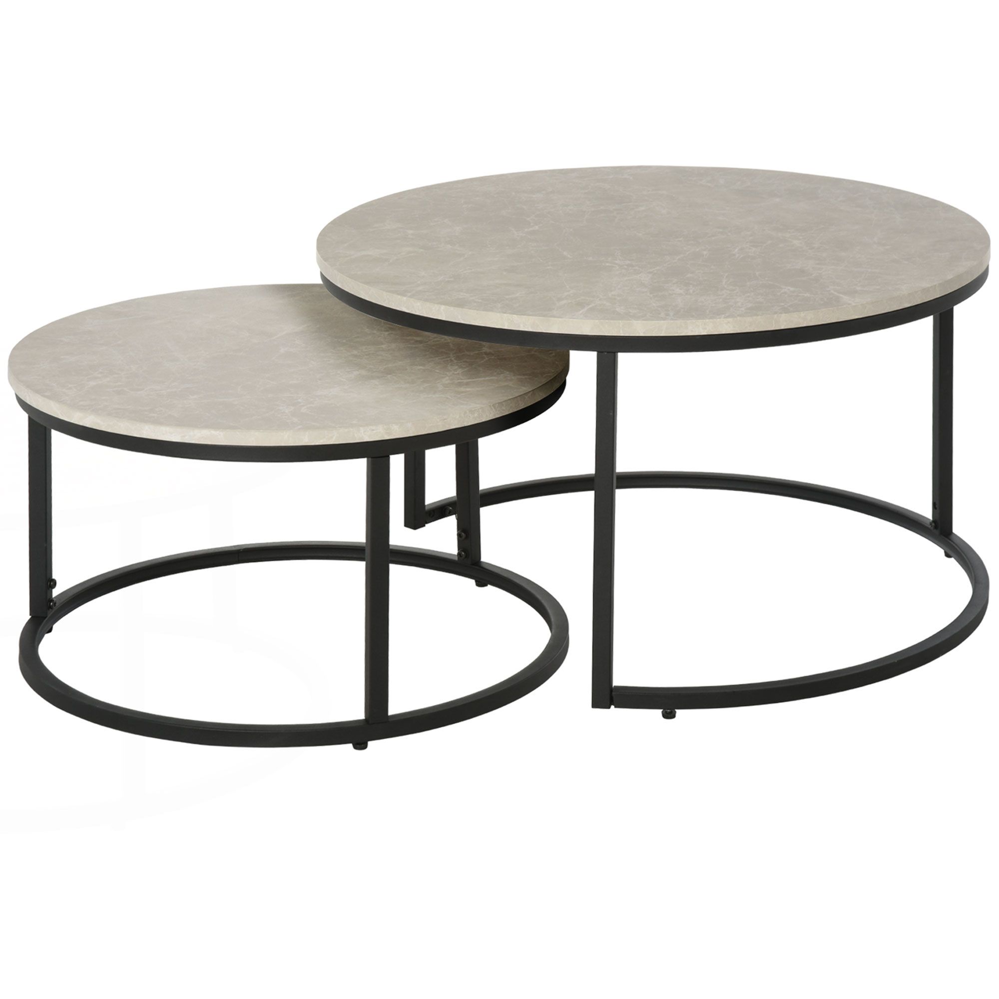 Homcom 2 Pcs Stacking Coffee Table Set W/ Steel Frame Marble-effect Top Foot Pads Nest Of Tables Storage Display Black/grey