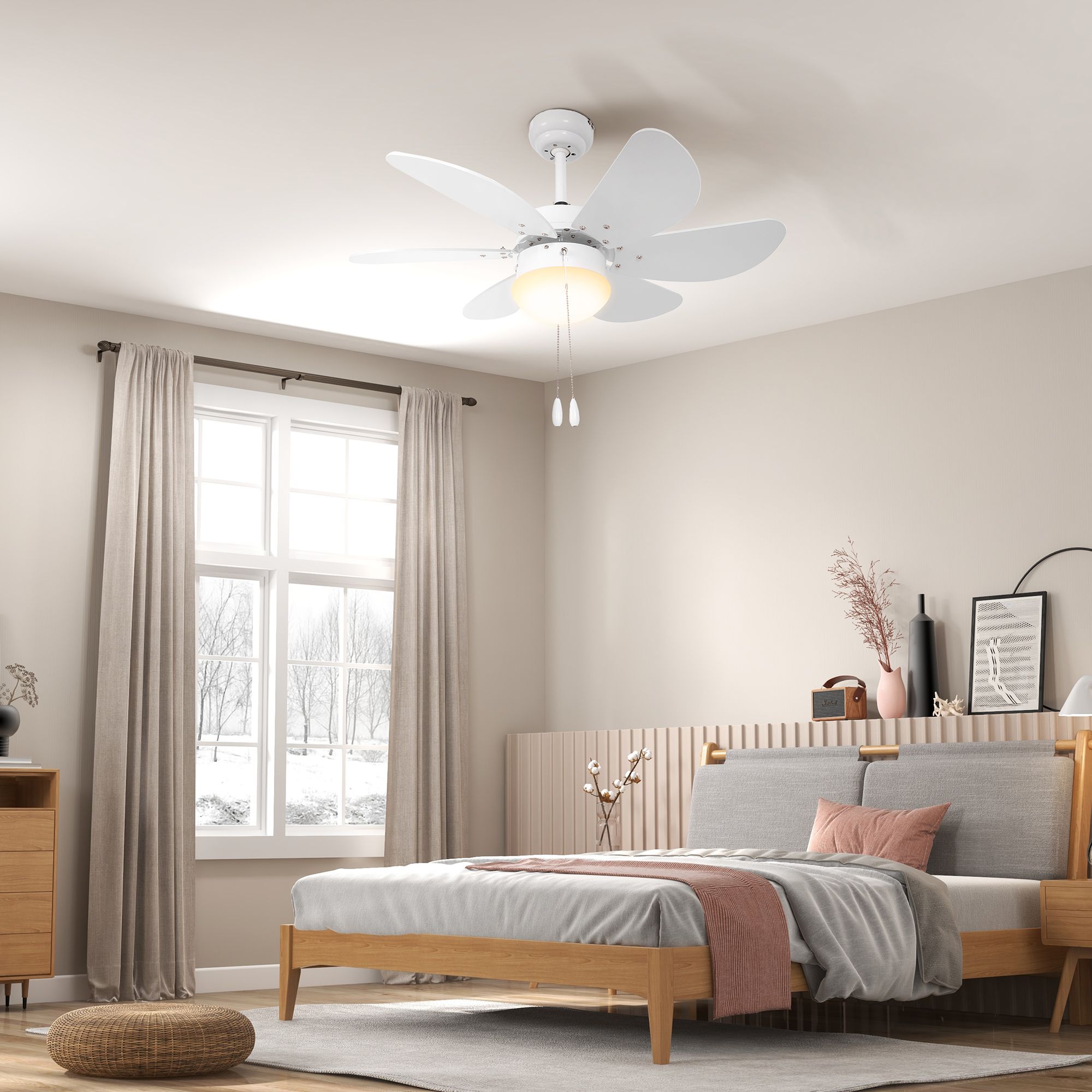 Homcom Ceiling Fan With Led Light, Flush Mount Ceiling Fan Lights With 6 Reversible Blades, Pull-Chain Switch, White
