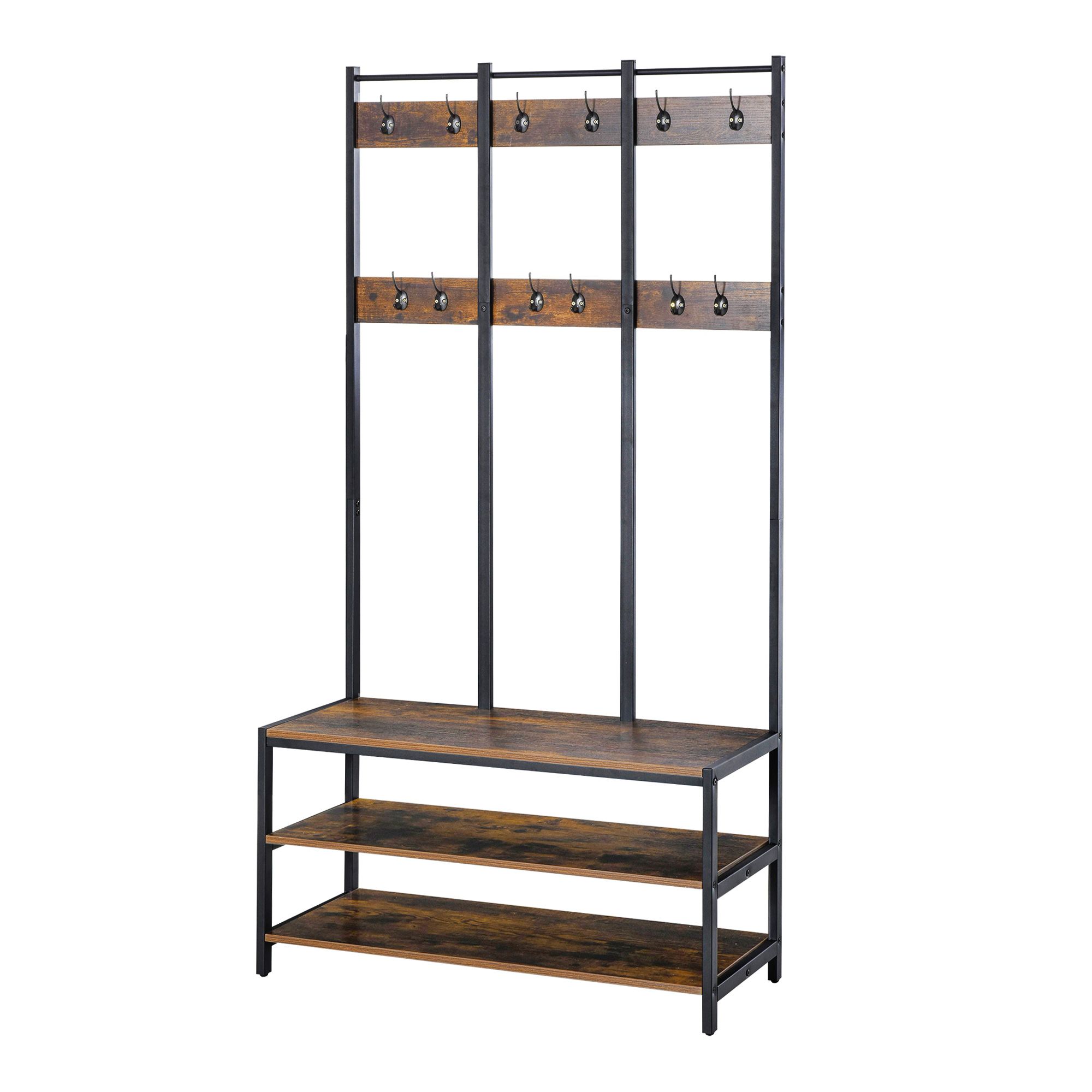 Homcom Coat Rack Stand, Free Standing Hall Tree, Coat Stand With Hooks, Bench And Shoe Rack, 100Cm X 40Cm X 184Cm, Rustic Brown And Black