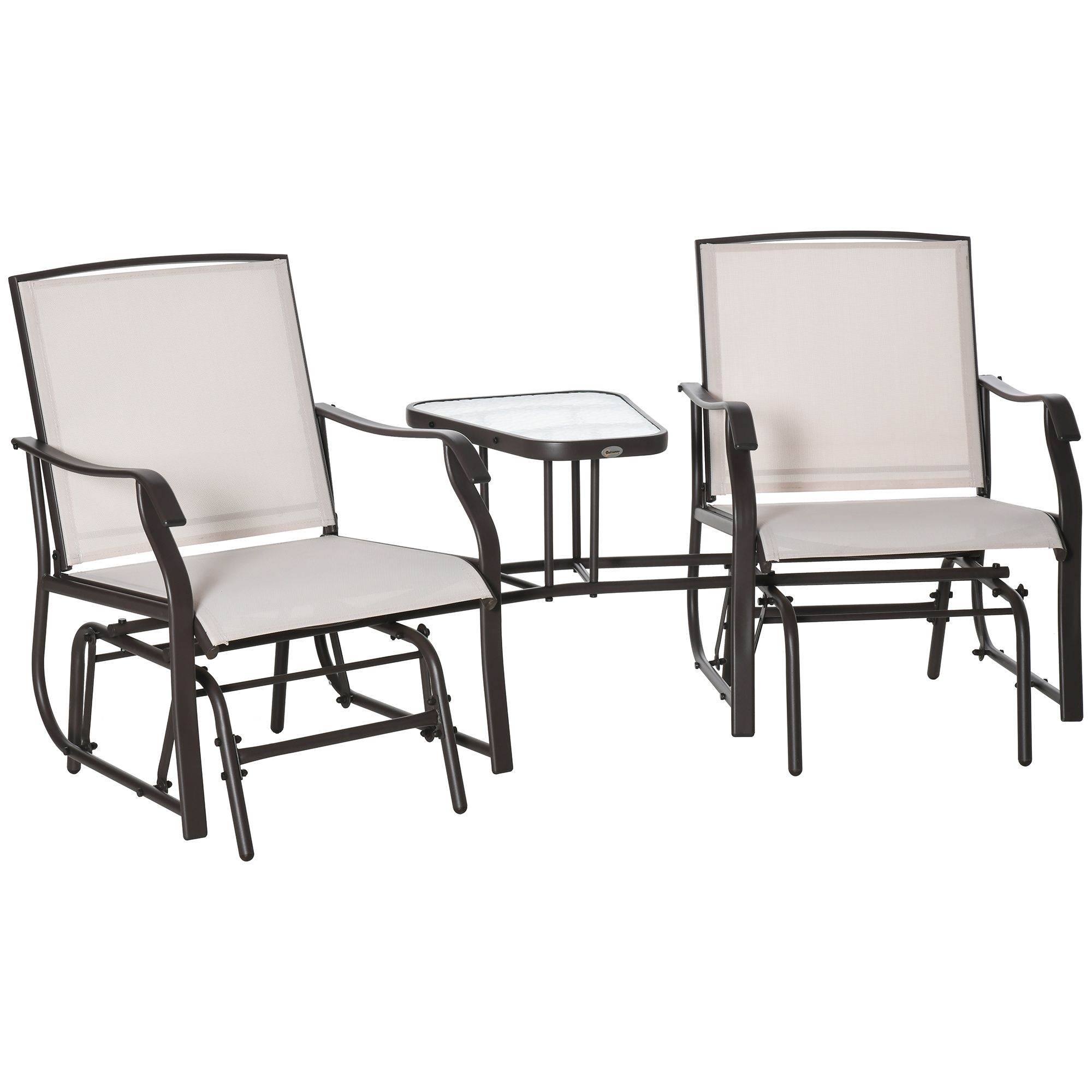 Outsunny Garden Double Glider Rocking Chairs Gliding Love Seat With Middle Table Conversation Set Patio Backyard Relax Outdoor Furniture Beige