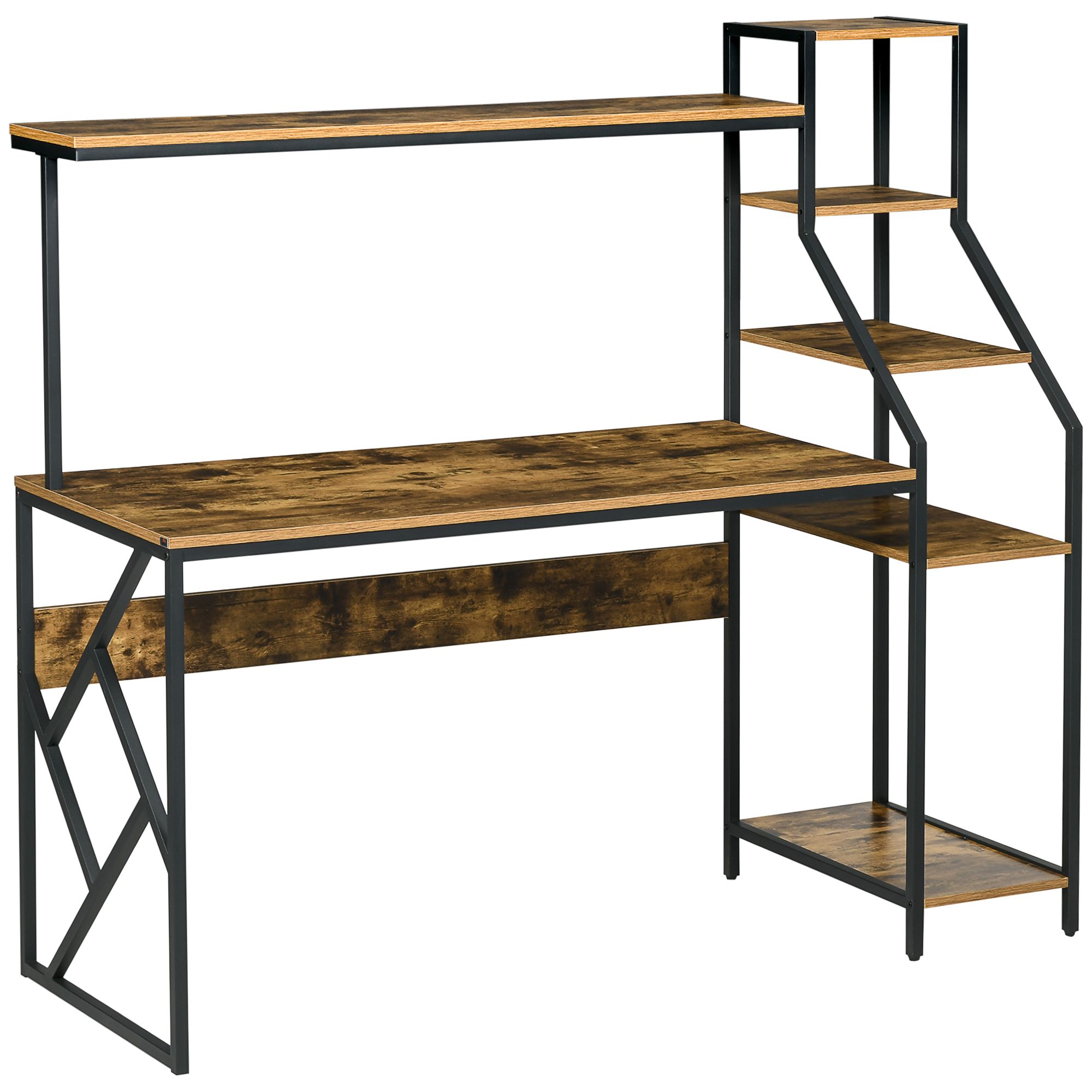Homcom Computer Desk With Shelves Home Office Study Table With 6 Tier Storage Industrial Workstation For Small Spaces Rustic Brown