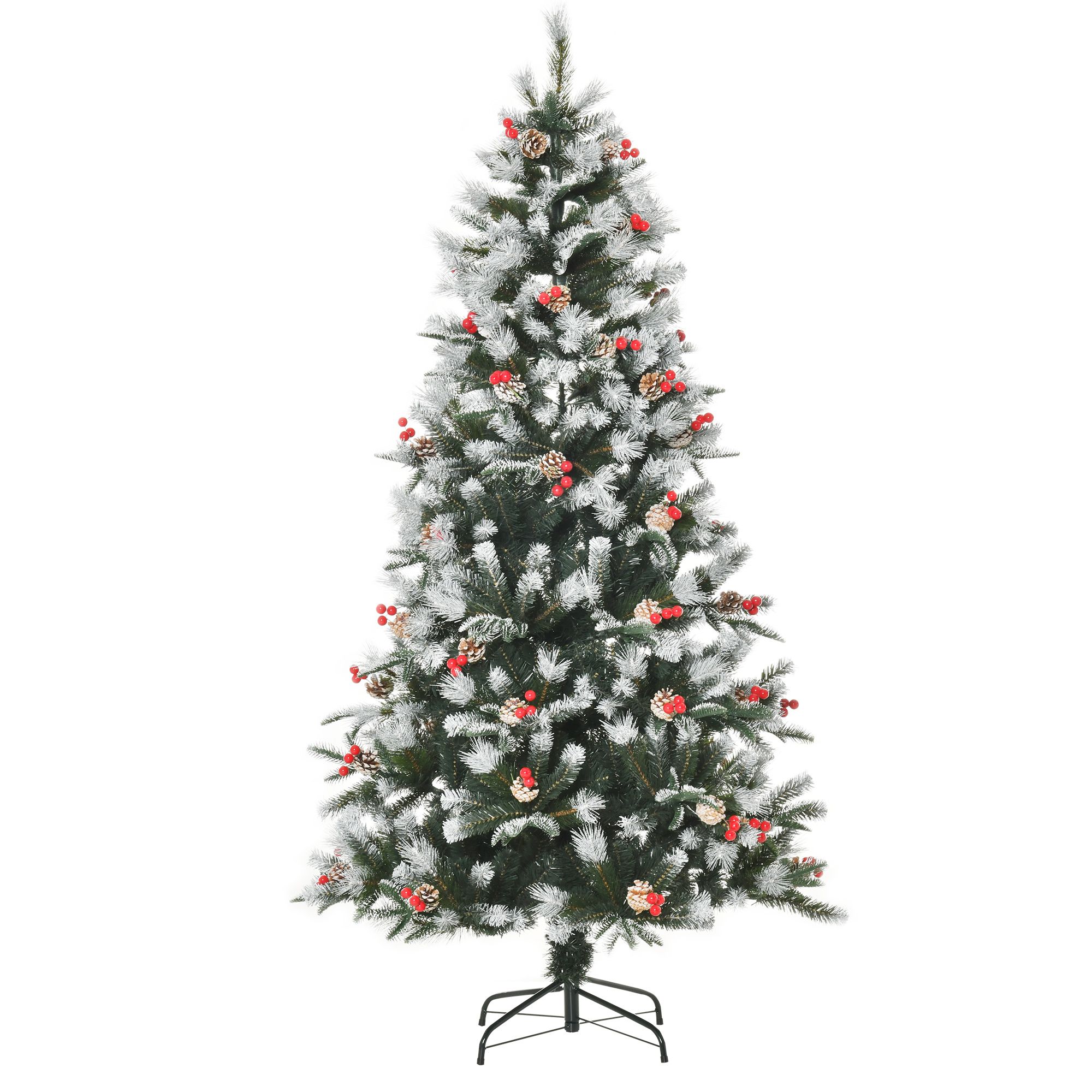 Homcom 6Ft Artificial Snow Dipped Christmas Tree Xmas Pencil Tree Holiday Home Party Decoration With Foldable Feet Red Berries White Pinecones, Green