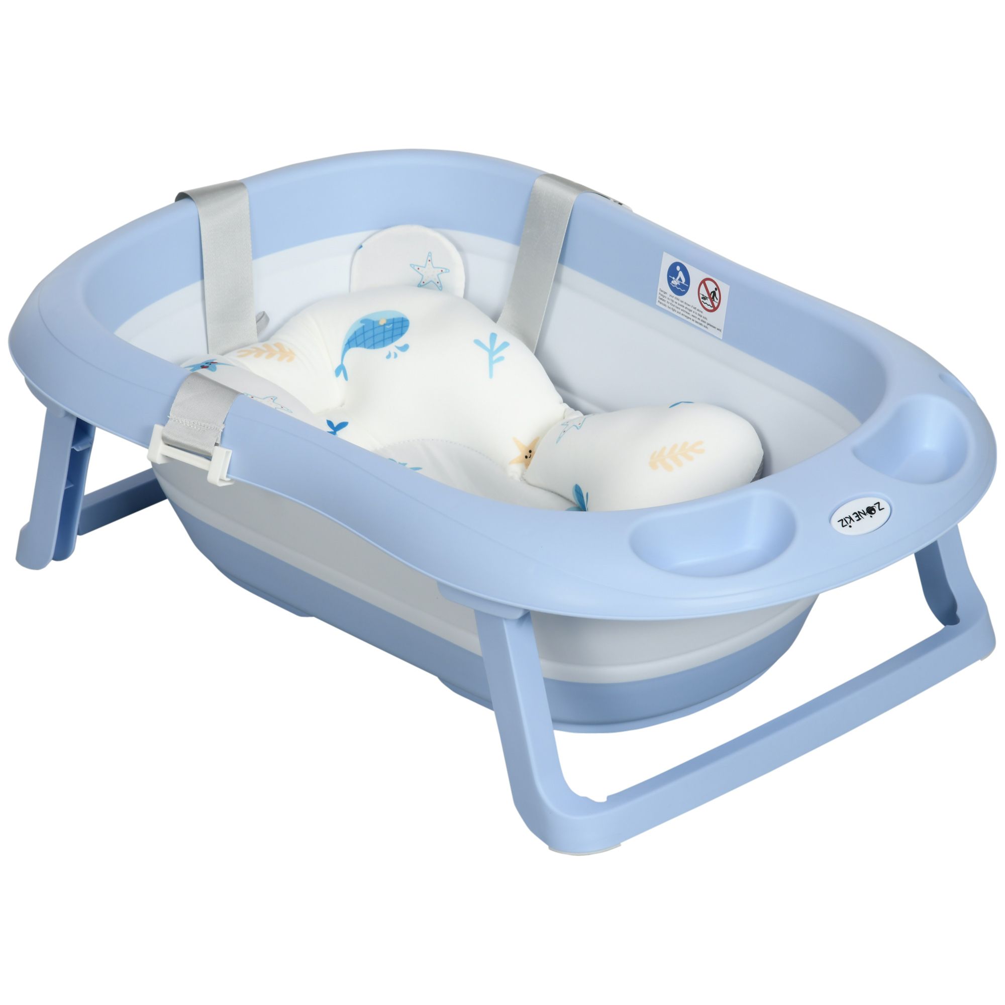 Zonekiz Foldable Baby Bath Tub, Bath Tub With Non-slip Support, Cushion Pad, Drain Plugs, Shower Head Holder, For Newborn To 6 Years - Blue