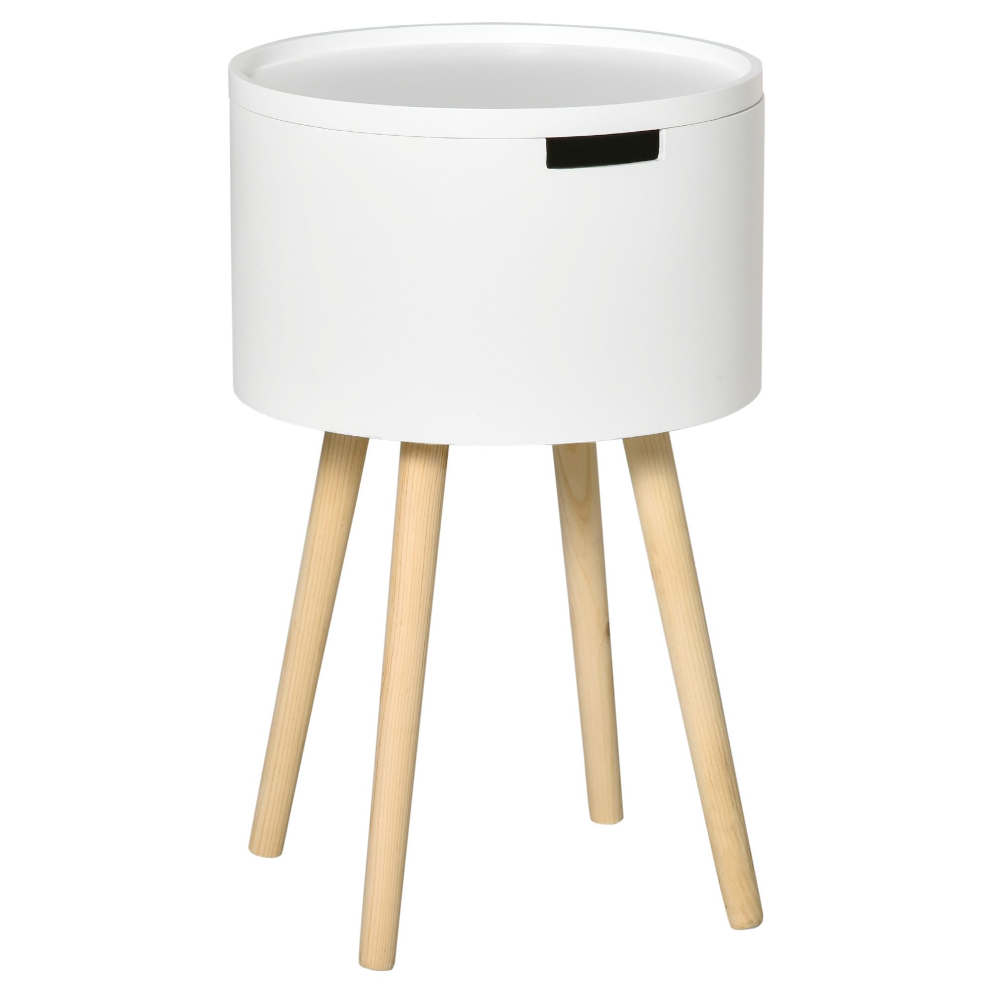 Homcom Modern Side Table With Hidden Storage Space, Round Night Stand With Removable Tray Wood Frame End Coffee Table, White