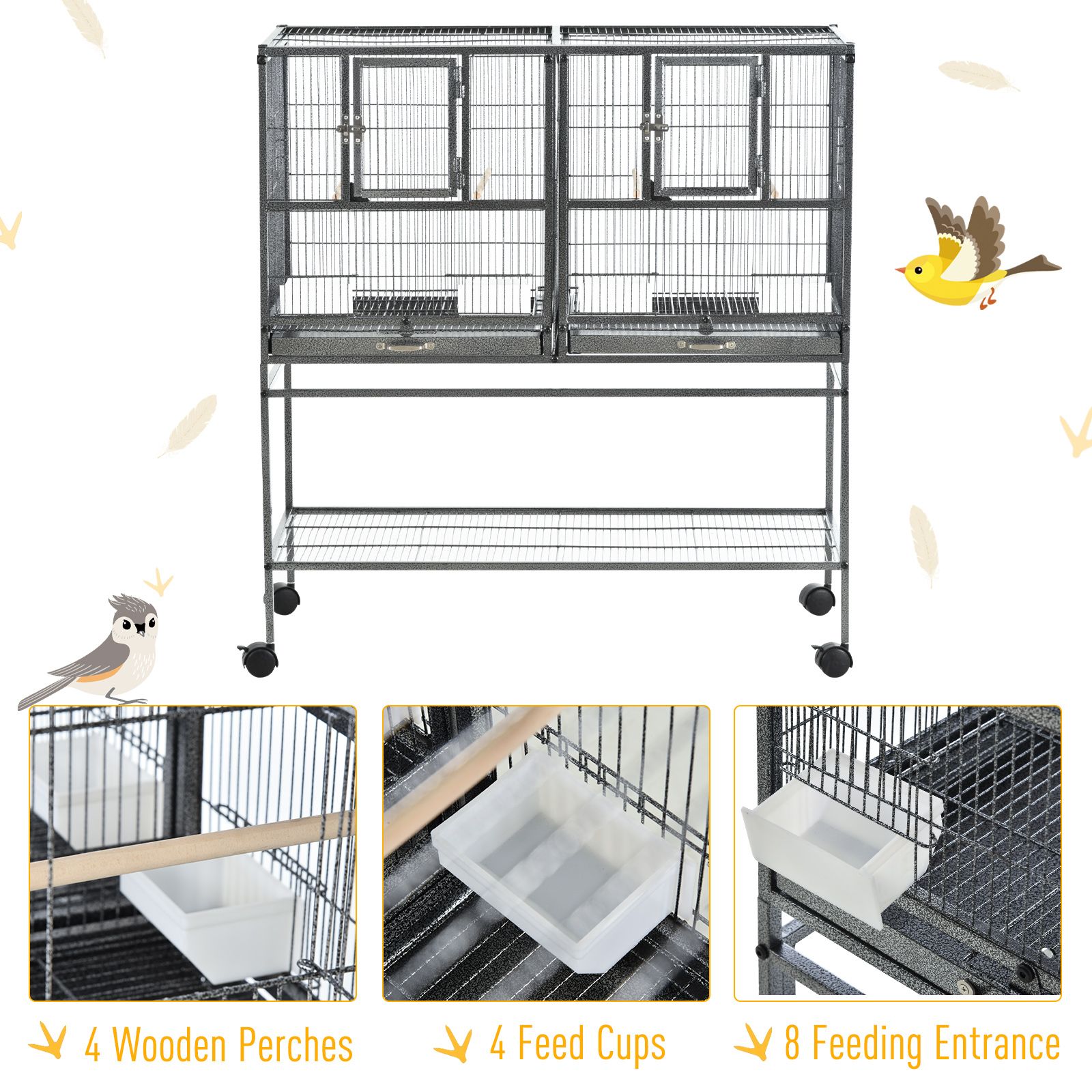 Pawhut Double Rolling Metal Bird Cage Parrot Cage With Removable Metal Tray, Storage Shelf, Wood Perch, And Food Container