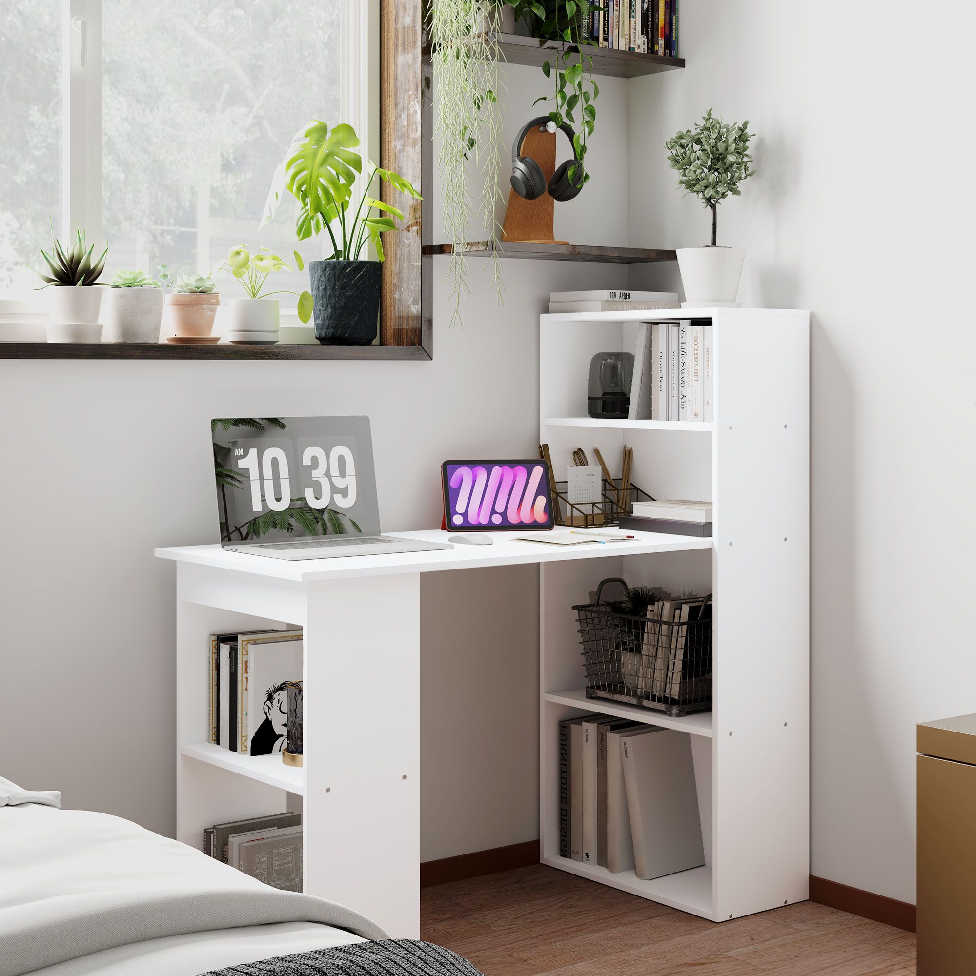 Homcom 120Cm Modern Computer Desk Bookshelf Writing Table Workstation Pc Laptop Study Home Office 6 Shelves White